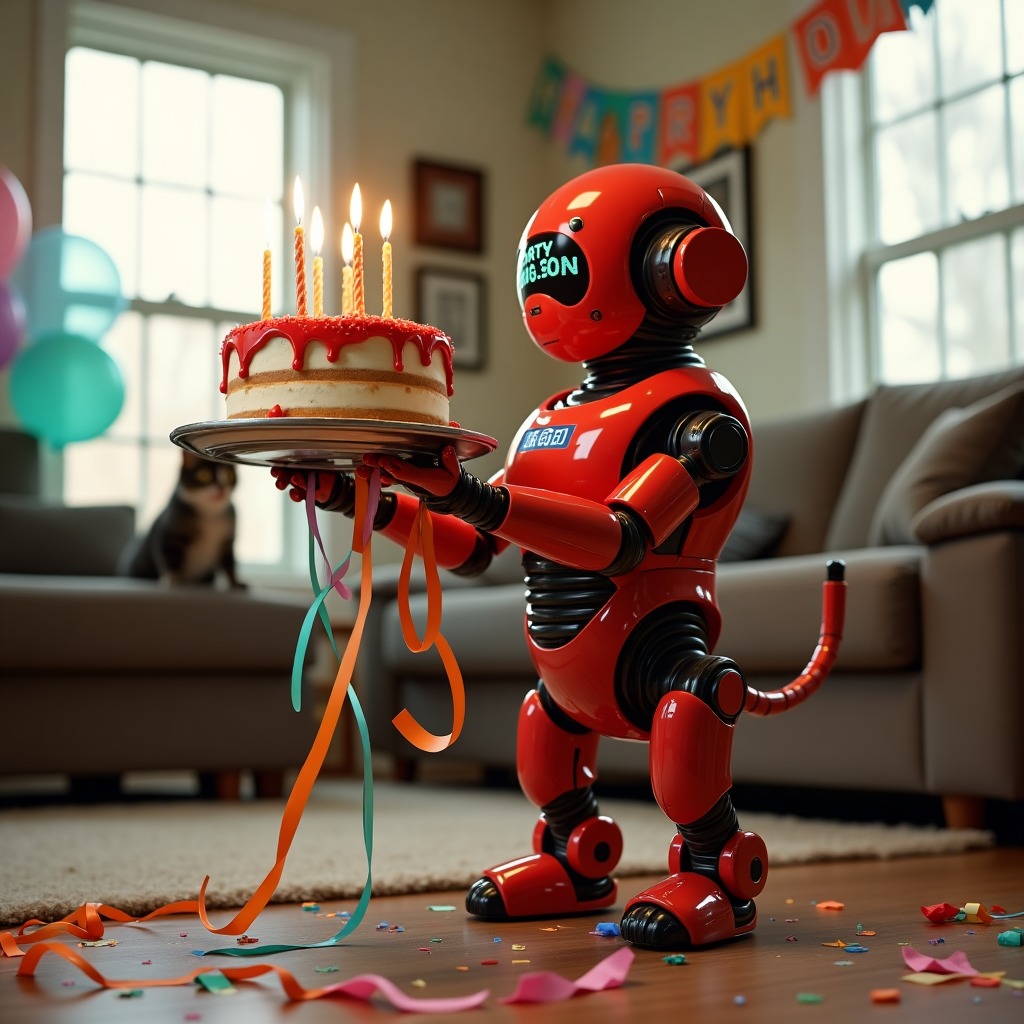 At the top of the realistic photograph image, "Scrum Master, your birthday has been intercepted by Protocol Party-Bot v2.0 – initiating CAKE deployment!"

**Prompt:**  
Create a realistic photograph of a bright red, futuristic robot dog standing upright on its hind legs, balancing a multi-layered, slightly melting birthday cake on a shiny serving tray. The robot dog has a digital display on its forehead that reads "PARTY MODE: ON", with silly party streamers tangled around its metal legs. It's in the middle of a cozy living room that's clearly been hastily decorated – half-inflated balloons, crooked "Happy Birthday" banner, and confetti strewn everywhere. One of the candles on the cake has singed the robot dog’s antenna a bit, and there's a surprised-looking cat in the background watching from behind the couch. The lighting is warm and natural, like a candid snapshot of a birthday party gone delightfully haywire.
Generated with these themes: Red Robot Dog holding birthday cake.
Made with ❤️ by AI.