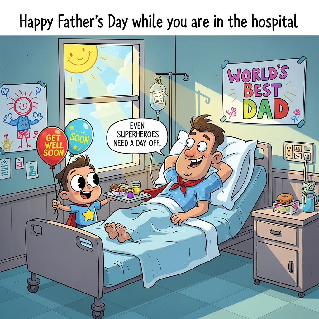 At the top of the Cartoon Style image, **Happy Father's Day while you are in hospital**.

**Image Description:**

The scene is set in a bright and cheerful hospital room filled with vibrant colors and whimsical details. In the center, a cartoon-style dad is lounging in a cozy hospital bed, his exaggeratedly large head propped up on fluffy pillows. Despite his recovery, he's wearing a cheeky grin and a superhero cape draped over his shoulders, symbolizing his super dad status. 

Next to the bed, a cartoon version of his child, with big round eyes and a playful smile, is holding a "Get Well Soon" balloon in one hand and a tray of colorful breakfast goodies in the other. The walls are adorned with bright, handmade drawings, including one that says "World's Best Dad" in child-like scribbles.

Above the scene, cheerful rays of sunlight beam through a cartoon window, adding warmth and positivity to the atmosphere. A small, cheeky text bubble near the dad reads: "Even superheroes need a day off!" 

The entire image radiates love, humor, and well-wishes, perfect for a father's day card that's both heartwarming and lighthearted.
Generated with these themes: Wishing my dad a lovely father's day while he is recovering from pneumonia in hospital, and .
Made with ❤️ by AI.
