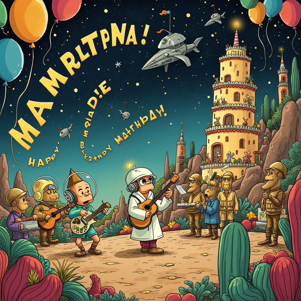 In the whimsical and zany style inspired by our eclectic mix of artists, we see a bustling, intergalactic birthday celebration on a distant planet reminiscent of the quirkiness from Hitchhiker's Guide to the Galaxy. The foreground features a playful alien band, complete with three-headed musicians playing futuristic instruments resembling both guitars and xylophones, channeling Bill Watterson's whimsy and Gary Larson's offbeat humor. 

To the left, a slightly disheveled Arthur Dent, clad in his iconic bathrobe, is engaged in a hilarious dance-off with Marvin the Paranoid Android, who looks even more morose than usual but dances with mechanical precision. Behind them, floating in the zero-gravity environment, are brightly colored balloons that spell out "Happy Birthday, Matthew!" in an exuberant font, evoking Charles Schulz's playful lettering style.

In the sky, Osamu Tezuka-inspired space whales gracefully swim through the star-studded cosmos, with banners trailing behind them, each letter of Matthew's name attached to their tails, sparkling with vibrant manga-esque energy. 

In the background, the planetary landscape showcases a vivid, cartoonish mix of futuristic cities with Hergé's architectural precision and landscapes dotted with bizarre flora, reminiscent of Winsor McCay’s dreamlike flora, and fauna. Among the structures, a towering birthday cake stands with multiple layers, each decorated with tiny, animated figures from Douglas Adams' universe: vogons, mice, and even a mini Heart of Gold spaceship perched at the top.

To the right, a large, friendly-looking Vogon is handing Arthur Dent a beautifully wrapped present while a Zaphod Beeblebrox-shaped piñata hangs above, ready to be smashed open. A Hitchhiker's Guide to the Galaxy book hovers in mid-air, its digital display cheerfully flashing "Don't Panic, Matthew!" in bold, friendly letters, further cementing the birthday boy's presence throughout the scene.

Lastly, in the background sky, a swirling galaxy with sparkling stars spells out "42", subtly referencing the ultimate answer, adding another layer of homage to Adams' iconic work. The entire scene is rich with vibrant colors, intricate details, and a sense of playful chaos, ensuring Matthew’s birthday is celebrated in the most fantastical and unforgettable way.
Generated with these themes: Hitch hiker's guide to the galaxy.
Made with ❤️ by AI.