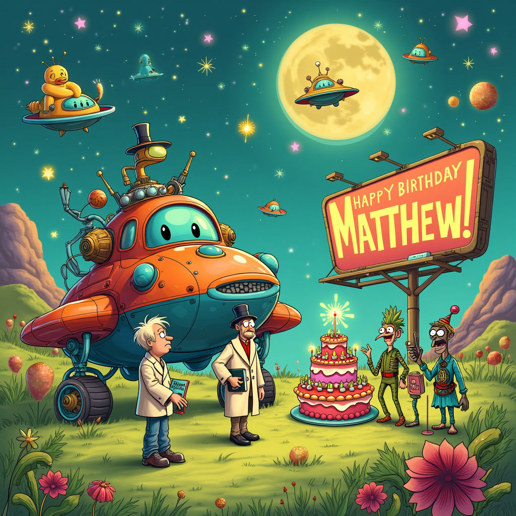 In the foreground of the scene, there’s a vibrant, cartoonish spaceship that looks like it has been crafted by a whimsical, steampunk designer – think exposed gears, quirky antennae, and brass portholes. It’s parked awkwardly on the grassy surface of a curious alien planet, reminiscent of a Charles Schulz or Gary Larson landscape with rolling hills and oddball flora. 

To the left of the spaceship, Arthur Dent and Ford Prefect are standing in a friendly argument. Arthur, sporting his iconic bathrobe and a dazed expression, holds a “Don’t Panic” towel over one shoulder. Ford is gesticulating animatedly, holding up a guidebook with a flashing, holographic cover.

Above them, the sky is filled with whimsical, Disney-esque stars and planets, reminiscent of an Osamu Tezuka space opera scene. In the background, the words "Happy Birthday Matthew!" are spelled out in twinkling stars, with the name “Matthew” highlighted in larger, more luminescent letters. There are also several smaller spaceships flying around, including one shaped like a giant rubber duck.

Nearby, there’s a quirky birthday table setup. A large, triple-decker cake, adorned with strange, gelatinous alien fruits, sits at the center. The cake has candles that sparkle with miniature fireworks, and atop the cake is a topper shaped like Marvin the Paranoid Android, looking as grumpy as ever. The cake itself says "Happy Birthday Matthew!" in bright, bold letters.

To the right of the spaceship, a group of diverse alien creatures, inspired by the outlandish designs of R. Crumb and Winsor McCay, are engaged in a lively dance. One alien, with a multitude of arms and a top hat, juggles colorful, glowing orbs, while another, with an elongated neck and a fedora, plays a jazz saxophone.

In the background, behind the dancing aliens, is a giant, cartoonish billboard that says "42" in bright neon lights, a nod to the ultimate answer to life, the universe, and everything.

Finally, scattered throughout the scene are hidden references and Easter eggs from the Hitchhiker's Guide universe – a small, inconspicuous fishbowl with a Babel Fish, a tiny, hovering Vogon poetry book, and a “Beware of the Ravenous Bugblatter Beast of Traal” sign sticking out of the ground.

The scene is a chaotic yet charming celebration, filled with the quirky, adventurous spirit of Douglas Adams' universe, ensuring that Matthew's birthday is celebrated in the most intergalactically amusing way possible.
Generated with these themes: Hitch hiker's guide to the galaxy.
Made with ❤️ by AI.