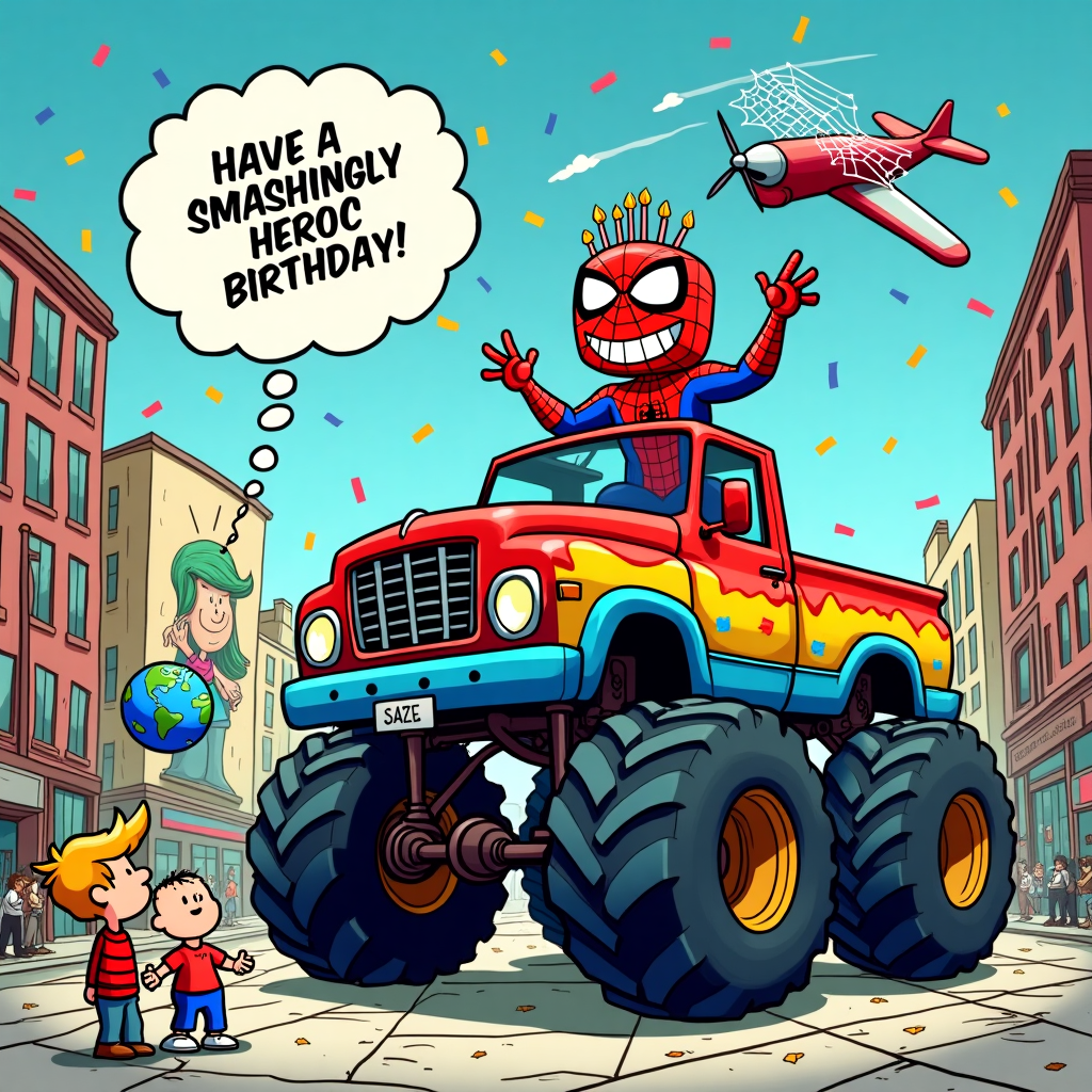 In the foreground of our zany cartoon birthday card, imagine a giant monster truck with a flamboyant color scheme—think bright blues, fiery reds, and electric yellows—resembling a superhero costume. The truck is tearing through a colorful, confetti-strewn cityscape. Its tires are massive, each one with web-like spokes reminiscent of a certain web-slinging superhero's tools. Sitting proudly atop this monstrous machine is Spider-Man himself, but he's been transformed for the occasion. Sporting an exaggeratedly oversized helmet shaped like a birthday cake—complete with lit candles—he waves gleefully with one hand while holding a balloon that looks like the globe in the other.

Beside the truck, onlookers are depicted as a mix of classic comic strip characters: imagine a Peanuts-like dog, ears flapping in the wind, gazing in amazement; a Calvin and Hobbes-style boy tugging at his mother’s arm, trying to point at Spider-Man. The city is alive with exaggerated, cartoonish skyscrapers resembling comic strip skyscrapers with speech bubbles as billboards. In the background, high up on a building, a mural of a classic comic hero tips his hat to Spider-Man, showing that even legends appreciate the unusual. Above, a skywriter plane zooms past, leaving a cloud message that reads “Have a Smashingly Heroic Birthday!” with a cheeky little spider web forming the exclamation point.
Generated with these themes: Monster truck spider man.
Made with ❤️ by AI.