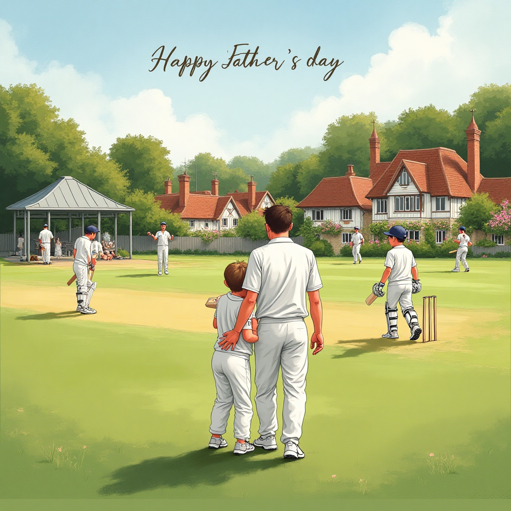 At the top of the Illustration Style image, include the text "Happy Father's Day".

---

**Image Prompt:**

A picturesque village cricket match in the heart of Surrey unfolds under a gentle summer sky. The scene captures a timeless moment as players clad in crisp white uniforms take their positions on a lush green field. In the foreground, a father and child share a warm embrace, their expressions full of pride and joy as they watch the game. Behind them, a quaint English village with charming cottages and blooming gardens provides a serene backdrop. The illustration is brought to life with fine linework and textured brush strokes, creating a balance between detail and warmth. The color palette is inviting, featuring warm greens, gentle blues, and soft earth tones. A small banner hanging from the pavilion reads, "You're a classic, Dad!", subtly complementing the heartfelt scene.
Generated with these themes: Village cricket match in surrey, and .
Made with ❤️ by AI.
