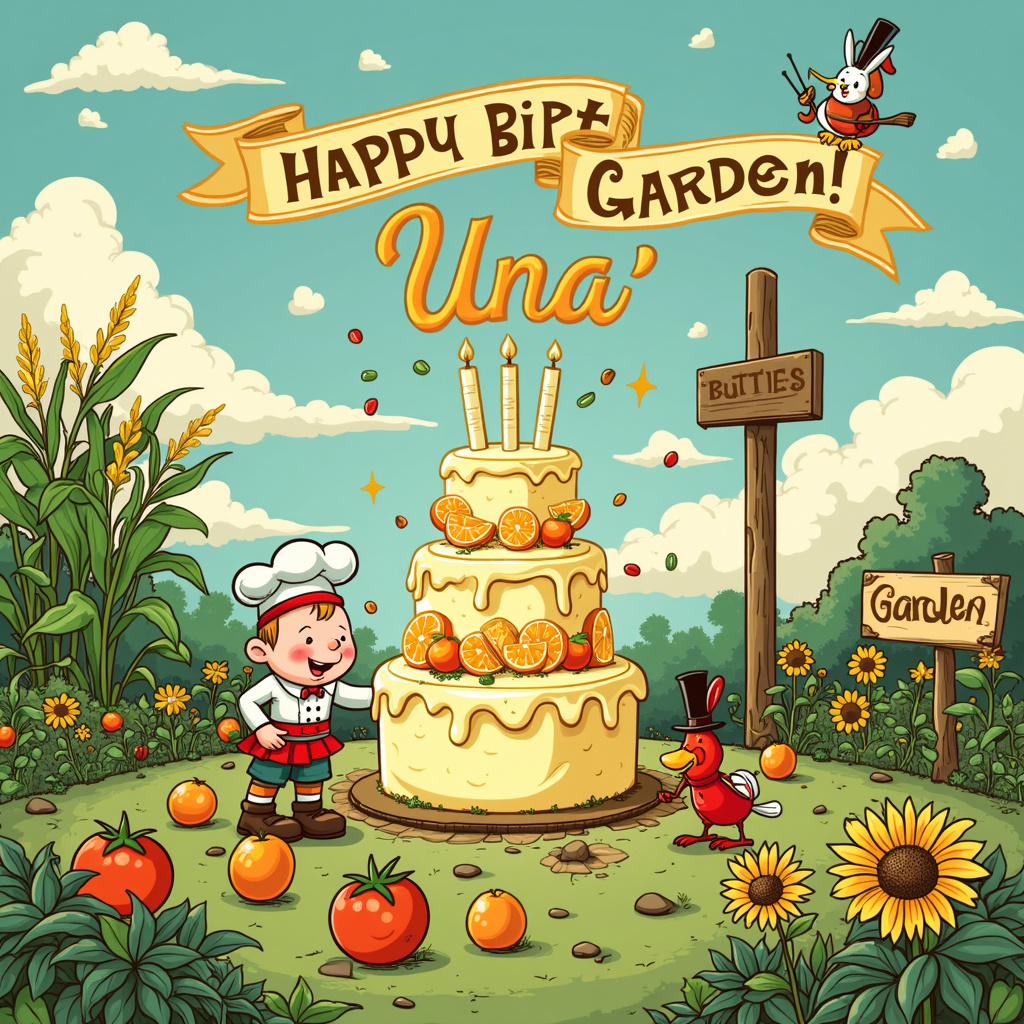 In this whimsical birthday scene, imagine a lush, vibrant garden filled with an array of quirky details and amusing characters that evoke the essence of Charles Schulz, Bill Watterson, and Gary Larson all rolled into one. The centerpiece is a giant, fantastical birthday cake made entirely of butter, with luscious, creamy swirls and layers that look almost too good to be true. Bright, zesty orange slices adorn the cake, giving it a fresh pop of color. 

On the left side of the scene, we have a comical character modeled after a garden gnome, but with a twist: he's wearing a chef's hat and apron and is hilariously attempting to plant sticks of butter into the soil, thinking they'll grow into butter plants. Nearby, a mischievous rabbit (reminiscent of Calvin's playful antics) is digging up one of these butter sticks with a cheeky grin.

In the center-right, a vivacious garden party is underway. Anthropomorphic vegetables and fruits are mingling—carrots with top hats, tomatoes with monocles, and oranges in tiny tuxedos. They are all gathered around the buttery birthday cake, singing and playing miniature musical instruments.

Above this lively garden, the sky is a bright, clear blue with fluffy clouds that spell out "Happy Birthday, Una!" in elegant, wispy letters. A couple of friendly, cartoonish birds, styled in a manner akin to Walt Disney's classic animation, are adding the final touches to the banner with their beaks.

Finally, in the bottom right corner, we have a charming little vegetable patch with corn stalks, bean plants, and sunflowers. Hidden among the greenery is a small sign that says "Una's Garden" in bold, playful letters, showing that this entire delightful scene belongs to her.

The combination of gardening mishaps, a buttery birthday cake, and playful anthropomorphic characters all come together to create a uniquely humorous and visually rich birthday greeting card for Una.
Generated with these themes: Gardening , Butter, and Orange order.
Made with ❤️ by AI.