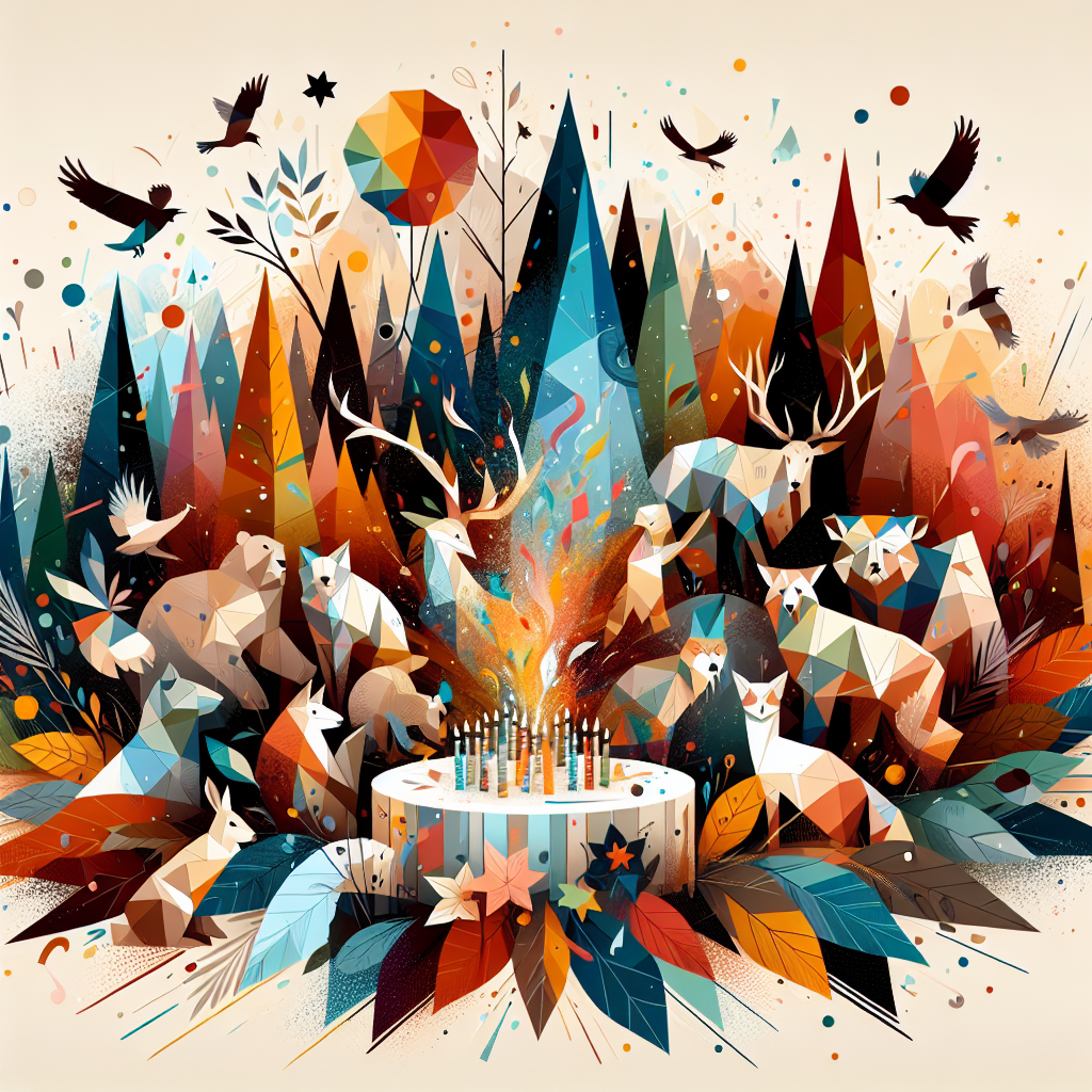 Illustrate an image representing an abstract woodland birthday party theme. In the composition, be sure to include sharp geometric shapes and placid splashes of color, each subtly suggesting various animals partaking in a festive gathering. The image should have vibrant sparks of color harmoniously existing amidst earthy shades, creating the ambience of a jubilant wildlife celebration within an imaginative forest.
Generated with these themes: wildlife.
Made with ❤️ by AI.