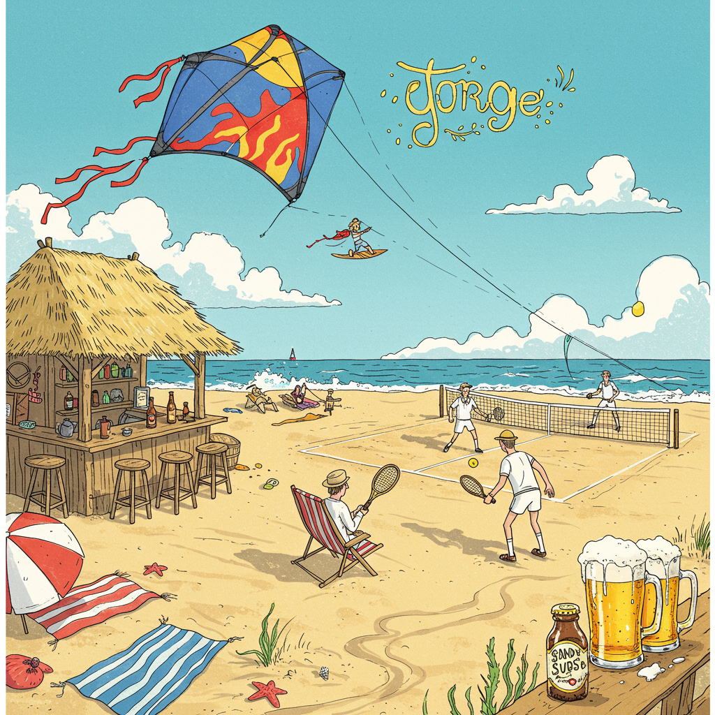 **Front Cover Illustration Description:**

In the foreground of the card, draw a lively beach scene brimming with activity. Center the scene with a humorous hand-drawn illustration of a figure kite surfing, joyously being lifted above the crashing waves. The kite is a vibrant mix of electric blues and fiery oranges, contrasting against the pale aquamarine sea. The kite strings stretch across the sky, catching the viewer's eye.

To the right, draw a tennis match in progress on the sand. The tennis players, donned in retro-style white tennis outfits, are mid-action. The players are expressive, with exaggerated stances as they focus on the bright, sun-yellow tennis ball. Include an old-fashioned wooden tennis racket held high by one player, a nod to classic sporting illustrations.

In the background, sketch a detailed beach bar with a rustic thatched roof and wooden stools. On the bar's counter, arrange an assortment of beers with foamy heads, some bottles labeled with quirky, imaginative brands, like "Sandy Suds" or "Ocean Brew." The beer bottles glisten in the sunlight, drawn with hints of gold and amber tones.

On the horizon, depict a calm, cerulean blue sky, dotted with a few fluffy white clouds. Among the clouds, whimsically incorporate the text "Jorge" in a playful, looping banner, as though written by a plane skywriting. The letters are bold and distinct, crafted in a light-hearted serif font.

Include scattered beach towels and umbrellas on the sand, adding patches of color like coral reds and seaweed greens to the landscape. The sand is illustrated with swirling textures to suggest movement and wind.

This composition should reflect the intricacy of Edward Gorey's line work combined with the animated expressiveness reminiscent of Quentin Blake. The result is a dynamic, narrative-driven visual that captures the viewer's attention with its detailed and playful storytelling elements.
Generated with these themes: Kite surf , Tennis, Beach , and Beers.
Made with ❤️ by AI.