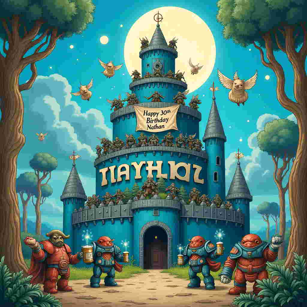 In a whimsical yet epic scene inspired by the imaginative genius of artists like Quentin Blake and Maurice Sendak, picture a surreal landscape where the futuristic realm of Warhammer 40k meets a playful birthday celebration. The centerpiece of this illustration is a colossal, intricately designed birthday cake resembling a fortress from Warhammer 40k, painted in the striking cerulean hue synonymous with the Ultramarines. This cake is adorned with miniature Space Marines scaling its tiers, their tiny power armor glinting in the soft, celestial glow of an alien moon above. Perched atop the highest turret of the cake-fortress, a banner unfurls triumphantly in the breeze, boldly declaring "Happy 30th Birthday Nathan" in letters that seem crafted from interstellar stardust. Surrounding this fantastical confection are vibrant, mischievous creatures resembling Maurice Sendak's Wild Things, but clad in playful renditions of Space Marine gear. They are engaged in a joyful frolic, toasting with oversized, frothing mugs of a mysterious, glimmering beverage. In the background, a lush, alien forest with twisted, Beardsley-esque trees sways gently, their branches curling to spell out "Nathan" amidst the azure skies. A squadron of cherubic cherub-servitors hover about, delivering gifts wrapped in parchment depicting scenes of classic Warhammer battles, adding a touch of Edward Gorey's intricate detailing. This scene masterfully blends the grandeur of Warhammer with the whimsy of a birthday celebration, ensuring Nathan's special day is an intergalactic adventure.
Generated with these themes: Warhammer 40k blue , and Happy 30th birthday Nathan .
Made with ❤️ by AI.