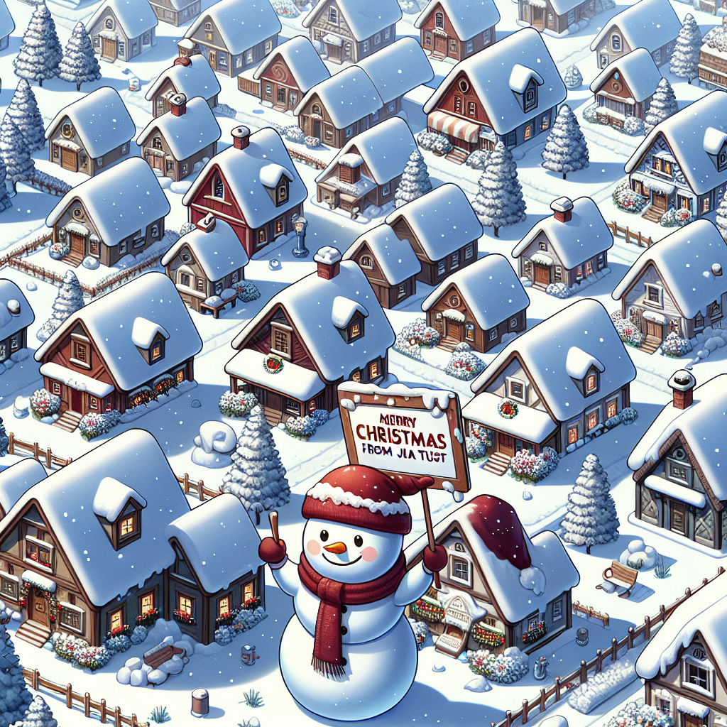 A charming cartoon of a small village covered in snow, where the houses have marron red rooftops. In the center, a cheerful snowman holds a sign stating 'Merry Christmas from JBA Trust'. The illustration captures the joy and warmth of the holiday season.
Generated with these themes: Marron Red.
Made with ❤️ by AI.