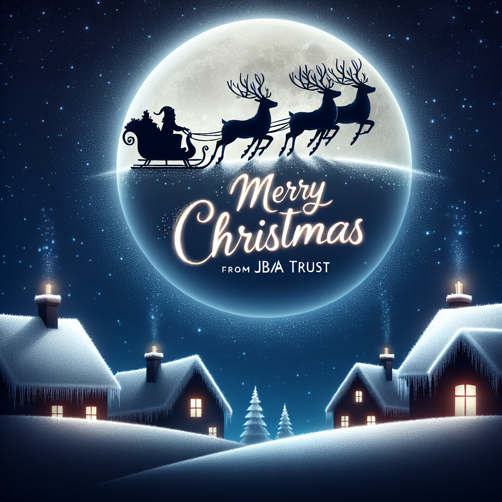 An enchanting night sky illustration where Santa's sleigh is silhouetted against the moon, with reindeer adorned in marron red reins. Below, the rooftops have a dusting of snow, and 'Merry Christmas from JBA Trust' is written in the snow on one of the rooftops, glowing with soft light.
Generated with these themes: Marron Red.
Made with ❤️ by AI.