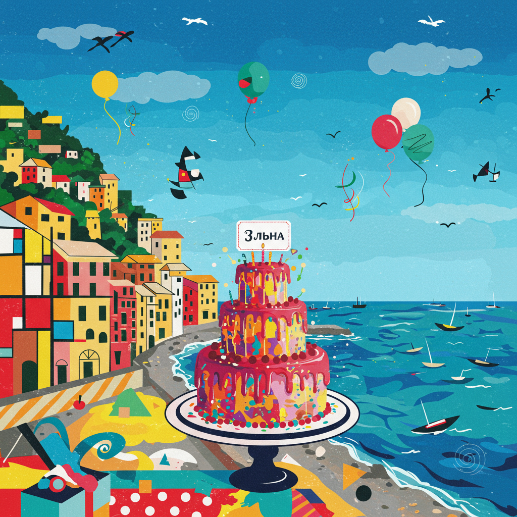 **Front Cover Design:**

**Background:**
- The background is a vibrant, abstract depiction of Genoa's coastal view. Utilize a rich tapestry of blues and turquoise to represent the Mediterranean Sea, with sweeping curves and bold lines reminiscent of Kandinsky's work to convey the ebb and flow of the water.
- Above, the sky is a blend of soft gradients, shifting from deep azure to lighter sky blues and dotted with floating, organic shapes inspired by Joan Miró, symbolizing clouds and birds in abstract form.

**Foreground Elements:**
- **Abstract Genoa Cityscape:**
  - On the left, create a series of vertical and horizontal lines and squares in a Mondrian-like grid to abstractly suggest the architecture of Genoa. Use colors such as bold reds, yellows, and black with some translucent overlays, giving it depth.
  
- **Birthday Cake:**
  - In the center, design a whimsical, multi-tiered cake using Pollock-esque splatters and drips of vivid icing in colors like magenta, orange, and teal. Allow these colors to bleed into one another, creating a sense of movement and energy.
  - Place a small, rectangular white card on top of the cake with the text "Алёна" in a sleek, modern black font, visible but not overpowering the scene.

**Decorative Elements:**
- **Floating Shapes:**
  - Scattered throughout, incorporate Malevich-style geometric shapes like circles, triangles, and squares in various sizes, painted in bold primary colors, each partially translucent to layer and interact with other elements in the scene.

- **Streamers and Balloons:**
  - Introduce Twombly-like scribbles and spiral motifs suggesting balloons and streamers dancing through the air, colored in soft pastels like lavender, peach, and mint green, creating a playful juxtaposition with the more solid geometric forms.

- **Ocean Waves:**
  - Add de Kooning-inspired swirls at the bottom, suggesting ocean waves breaking against the abstract shoreline, using a mix of white and aqua, with hints of metallic silver to capture light.

**Overall Composition:**
- Ensure the elements are dynamically balanced, with the cake slightly off-center, leading the eye through the composition, anchored by the contrasting elements of rigid shapes and fluid forms, in a celebration of abstract chaos and order.
Generated with these themes: Genoa view.
Made with ❤️ by AI.