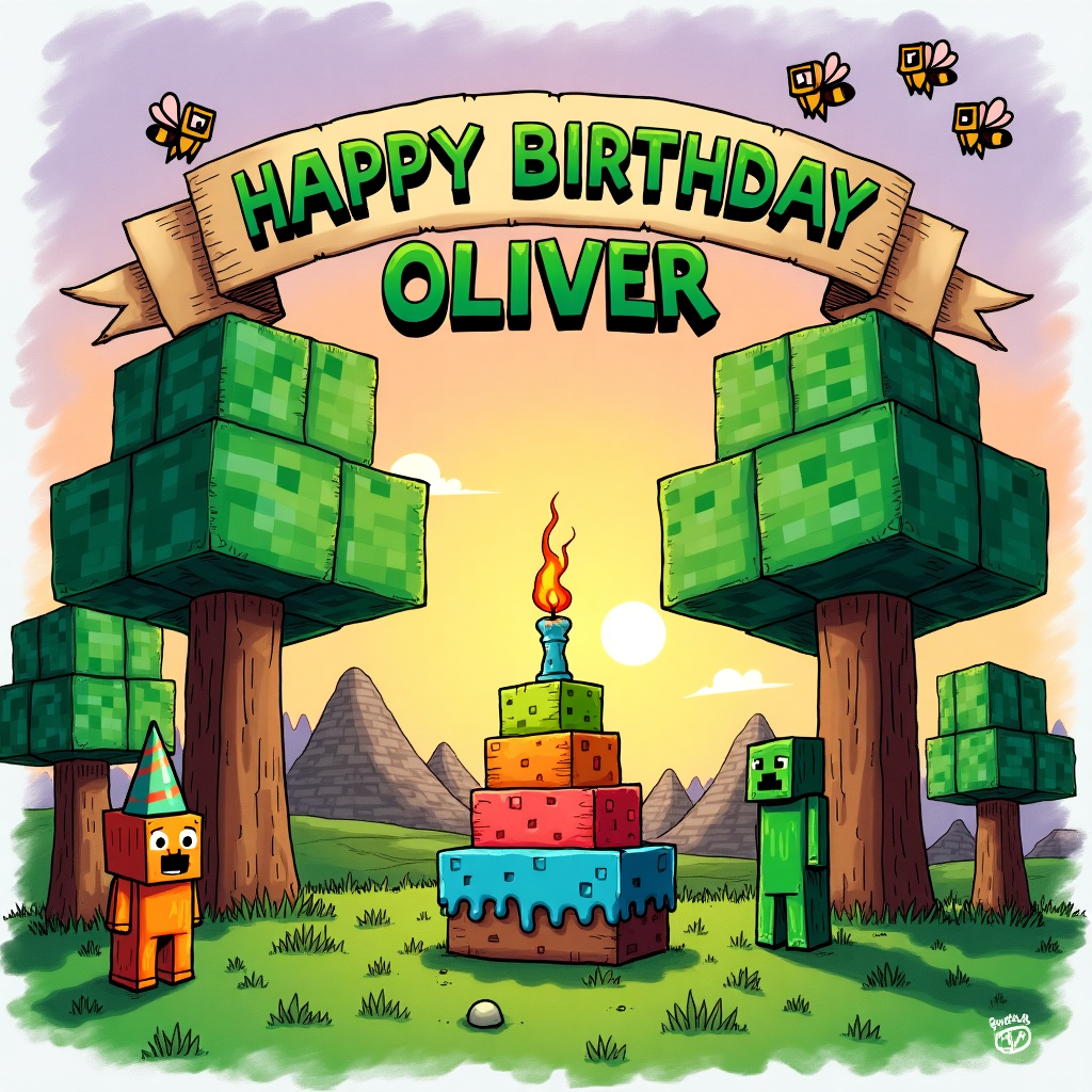 The scene is set in a vibrant, blocky Minecraft world, drawn in a quirky and detailed hand-drawn illustration style, reminiscent of Maurice Sendak’s imaginative storytelling and Quentin Blake's playful linework. 

In the foreground, a jovial Minecraft character resembling a villager stands to the left, wearing a pixelated party hat with a tassel, its eyes wide and cheerful. Next to it, a Minecraft Creeper stands to the right, slightly grinning, balancing a block-shaped cake on its head. The cake is an exaggerated, multi-tiered creation with pixelated textures, each tier sporting a different bright color: lime green, vibrant orange, and sky blue. Atop the cake, an oversized numeral "8" candle flickers with a drawn, wavy flame, towering over the scene like a whimsical beacon.

Center stage, a massive banner stretches across the top half of the card, adorned with blocky, Minecraft-style lettering that spells out "HAPPY BIRTHDAY OLIVER" in bold, emerald green with a golden outline. The banner is held up by two trees that resemble pixelated oaks, their cubic leaves providing a lush canopy. Each tree trunk is sturdy and brown, composed of various shades to create depth.

In the background, the iconic Minecraft landscape stretches into the distance, featuring blocky hills and a square sun setting into a cloudless, pixelated sky that transitions from orange to purple. A flock of small, square birds fly in formation, silhouetted against the sunset.

In the bottom right corner, the word "Oliver" is creatively integrated into the design, forming the pattern on a group of flying blocky bees, with each bee sporting a single letter on its back, their wings a flurry of cartoonish, dashed lines that suggest motion.

This whimsical, detailed scene combines the structured world of Minecraft with a dynamic hand-drawn style, bringing a playful birthday celebration to life with humor and charm.
Generated with these themes: minecraft characters with letter 8 and happy birthday Oliver.
Made with ❤️ by AI.
