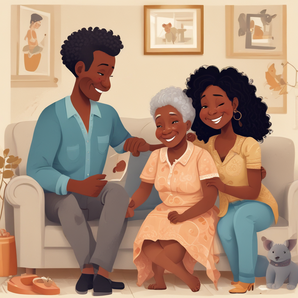 Realistic Cute, Visualize a touching anniversary scene with a Black couple in their 70s, their deep affection apparent in their linked hands and mutual smiles. Sitting comfortably on a plush cream sofa, they are surrounded by their family. Their twin daughters, both Hispanic in their 40s, mirror the same fond expression, standing with pride behind their parents. On the floor, a Caucasian teenage girl and her South Asian younger brother are laughing together, a board game sprawled between them. The room is adorned with understated, classy decorations, commemorating the couple's perennial love.
Generated with these themes: couple in their 70s with 2 40 year old daughters and two teenagers  one girl one boy.
Made with ❤️ by AI.