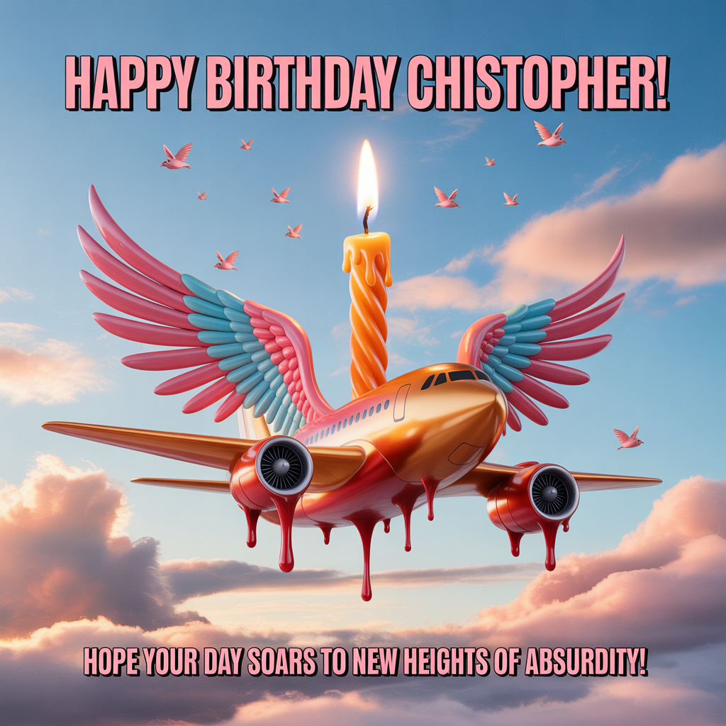 At the top of the image, "Happy Birthday Christopher!":

In the center of the image, create a surreal scene with a giant melting aeroplane floating through a dreamy, pastel-colored sky. The wings of the aeroplane transform into wings of whimsical birds, and its fuselage is a giant, twisted candle. 

Add at the bottom of the image, "Hope Your Day Soars to New Heights of Absurdity!"
Generated with these themes: Aeroplanes, and .
Made with ❤️ by AI.