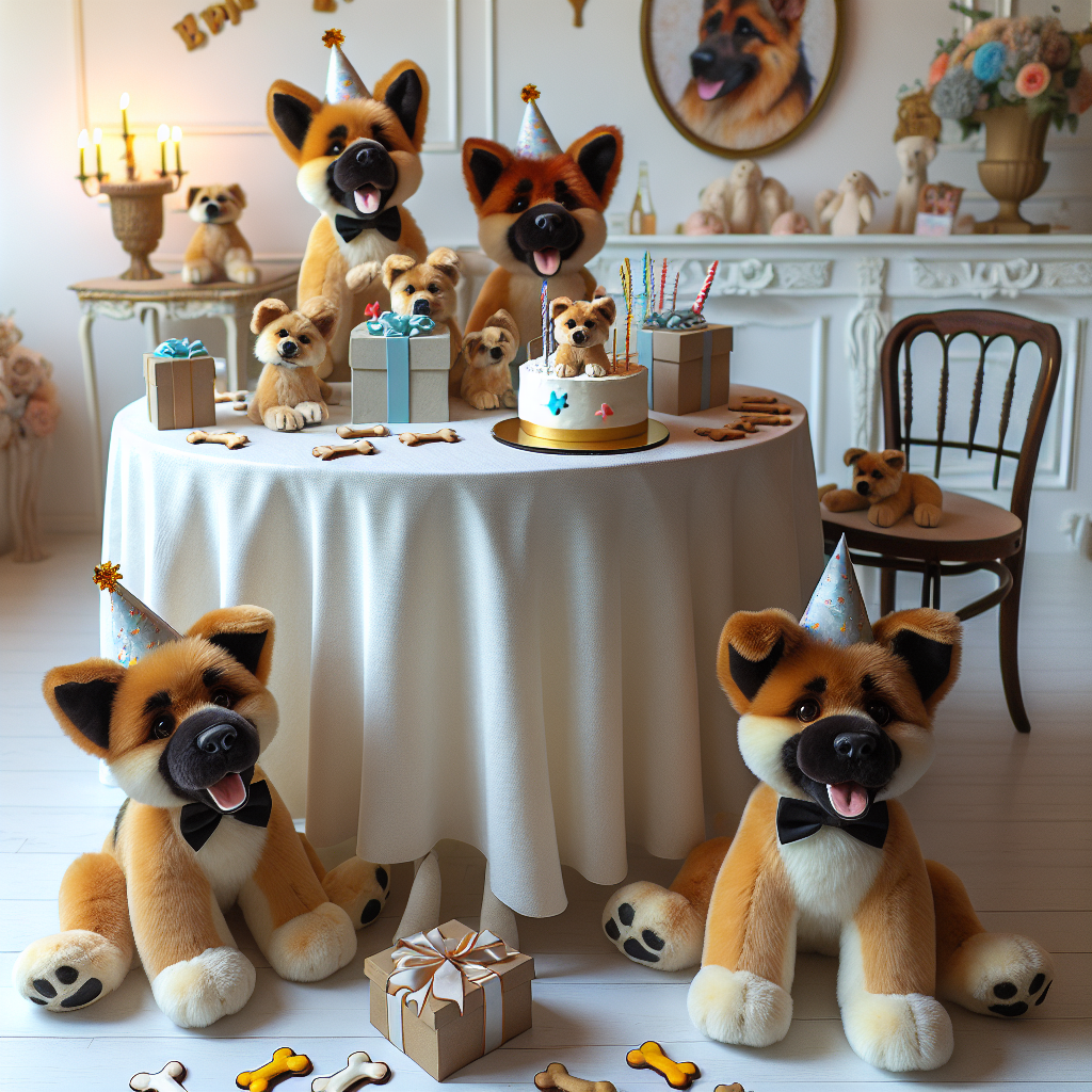 A festive and joyful birthday setting is invigorated by several plush toys designed in the likeness of German Shepards. Each of these stuffed animals sports an adorable party hat and a celebratory bow tie, adding to the charm of the scene. A round table present in the room holds a birthday cake. This cake features carefully crafted sugar art, which depicts a delightfully playful German Shepard puppy appearing to jump out of a gift box, enhancing the overall theme. The white linen tablecloth that covers the table is scattered with confetti, cut into the shapes of bones and paw prints which further complements this jolly, lifelike birthday theme.
Generated with these themes: German Shepards.
Made with ❤️ by AI.