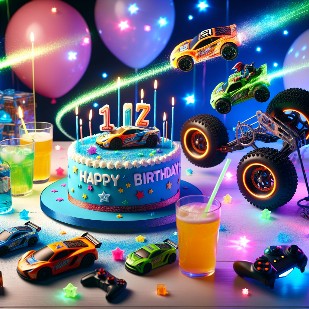 A magical birthday party celebration scene which conveys happiness. The scene is set with vibrant racing cars from a popular children's toy series zooming around a cake that is crafted to resemble a mountain bike. Taking a scientific approach, prime numbers are ingeniously used as racing decals on the cars. Drinks appear to glow neon due to the fun play with embedded lasers. In the backdrop, remote controlled cars weave their way in and out of floating party balloons, creating a sense of action and thrill.
Generated with these themes: Hot wheels cars science prime drinks lasers rc cars mountain bike l.
Made with ❤️ by AI.