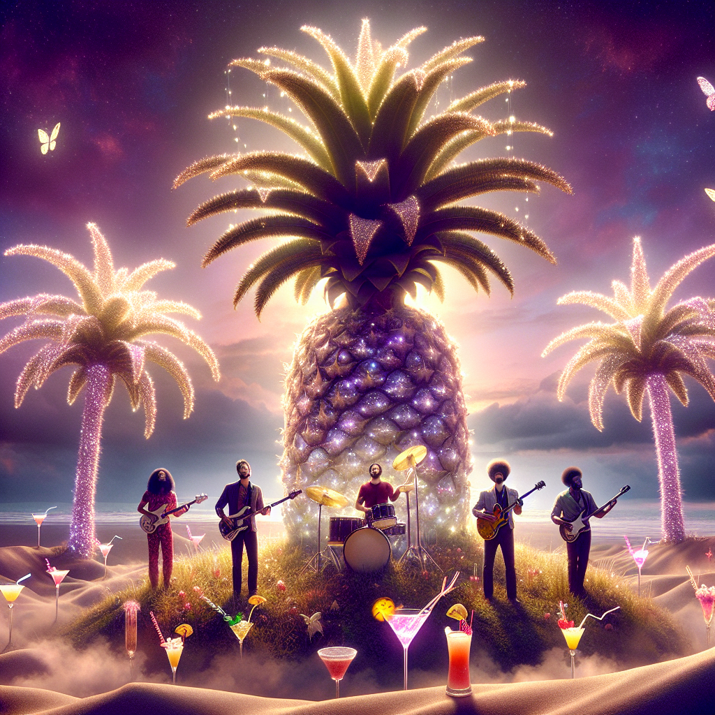 Visualize a dreamlike scene with a colossal palm tree emerging from the ground. This unique tree hosts a multinational four-member rock band, where each member is of a different descent - Caucasian, Hispanic, Black, and South Asian, playing instruments that shimmer like stars. A proud pineapple beneath the tree wears a tiara of glowing butterflies. The surrounding ground is a blend of soft sand and glistening crystal, interspersed with cocktails growing like radiant flowers, their stems wrapped with strands of twinkling fairy lights. This perpetual birthday celebration is engulfed in a soft purple twilight, creating an endless festive atmosphere.
Generated with these themes: Pineapple, Palm tree, Cocktails, Rock band, and Butterfly.
Made with ❤️ by AI.