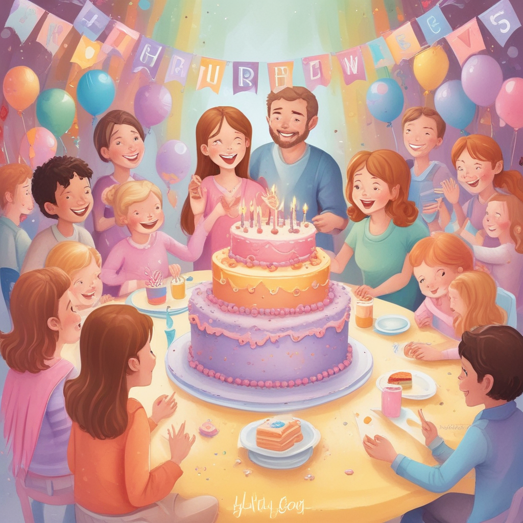 Illustration Cute, Show a heartwarming Christian birthday celebration scene. At the center, depict a multi-tiered birthday cake painted in soft pastels adorned with a cross and the phrase 'With God's Love'. Surround the table with small children of different descents such as Caucasian, Hispanic, and Middle-Eastern, all joyfully dressed in angel wings enthusiastically singing a birthday hymn. Above, illustrate friendly caricatures smiling from fluffy clouds, symbolizing divine figures, casting warm rays of light over the entire scene. Add white doves symbolizing peace, flying around, thus finishing the tranquil imagery.
Generated with these themes: God, Jesus and christian.
Made with ❤️ by AI.