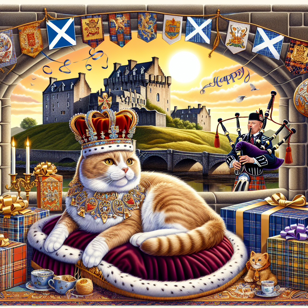 Design a heartwarming illustration portraying a royal birthday celebration with Scottish essence. The scene unfolds with an emblematic Scottish castle shrouded in a warm sunny glow serving as the background. Foreground to this, nestles a delightful cat adorned with a gleaming crown perched regally on a velvet pad. It receives attention through various birthday presents, each cloaked in tartans, representing different clans. The musical symphony is provided by a bagpiper, dressed in traditional Scottish clothing, playing a birthday melody. Augmenting the sovereign vibe is a decorative banner festooned with 'Happy Birthday' sashaying across the stony ramparts of the castle, enriching the festive mood.
Generated with these themes: Scotland, Cat, and Royal.
Made with ❤️ by AI.