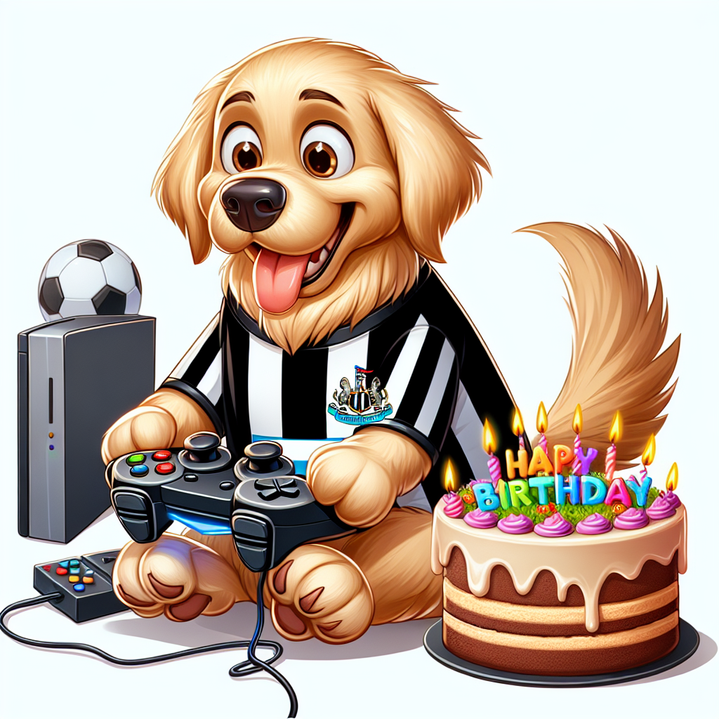 Create a delightful birthday-themed cartoon setting involving a jovially excited golden retriever wearing a football shirt with black and white stripes, a common design associated with Newcastle United. This animated dog is fully engrossed in an intricate video gaming session, skillfully navigating the game controls despite its canine paws. Sitting adjacent to it is a tasty slice of birthday cake, decorated with vibrant icing and candles. The golden retriever occasionally rewards itself with luscious bites of the cake amidst its digital exploration, encapsulating the festive spirit of the birthday celebration.
Generated with these themes: Golden retriever wearing a Newcastle United shirt playing video games and eating cake.
Made with ❤️ by AI.