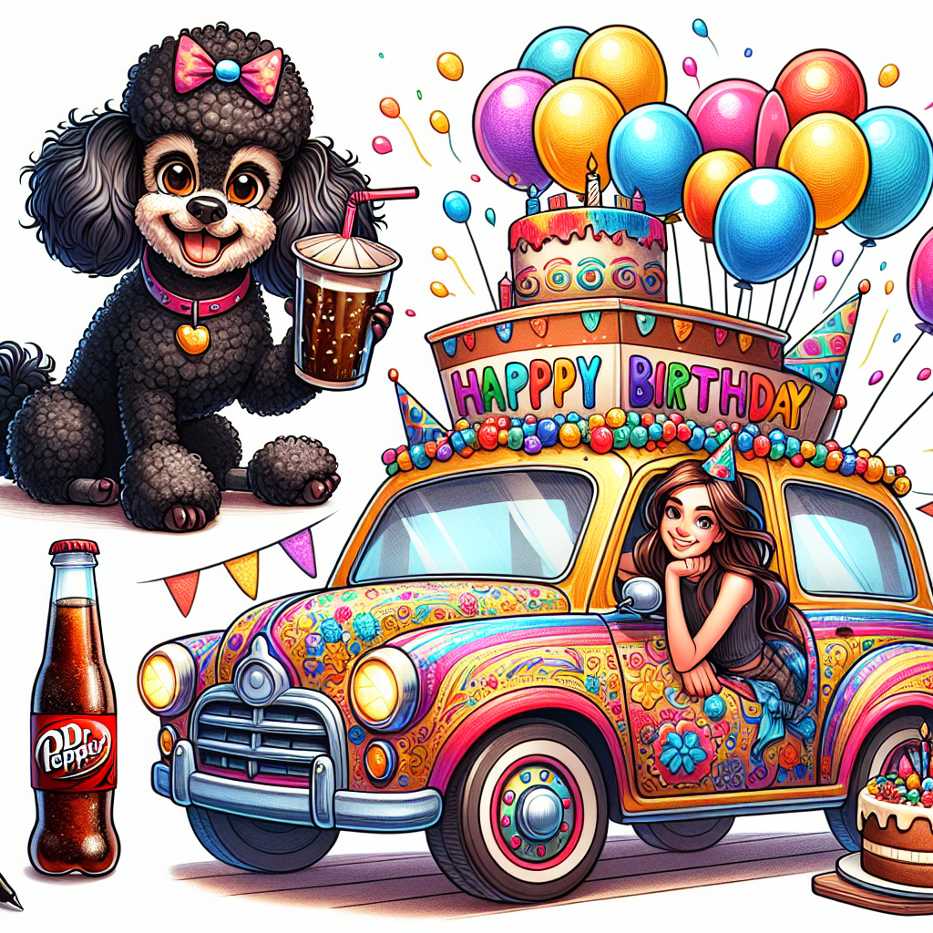 Create a cartoon birthday scene filled with playful humor. Include a black miniature poodle with exaggerated, fun features, sitting on top of a bright, colorfully decorated car, also sketched with playful, enlarged details. The poodle is holding a chocolate milk carton in its paws while the car, giving the impression of being ready to start a fun trip, has party balloons floating above it. An early teen Caucasian girl with a friendly smile and brown hair is pictured taking a sip from a soda drink, with a Dr Pepper bottle resting next to a delightful birthday cake on a nearby table. The scene exudes a joyous and quirkily charming ambiance, perfectly depicting a fun-filled celebration.
Generated with these themes: Funny, Black miniature poodle, Gin, Car, Dr pepper, Chocolate milk, and Girl with brown hair.
Made with ❤️ by AI.