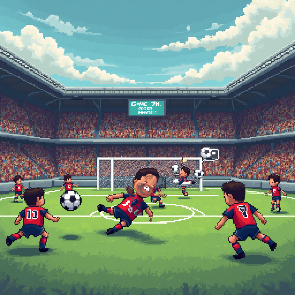 At the top of the Pixel Art Style image, include the text "Happy Birthday".

**Scene Description:**

Imagine a lively soccer match happening inside a classic pixelated Playstation game. On one side, pixelated characters wearing iconic Playstation-themed jerseys, complete with the controller's signature buttons (circle, square, triangle, X) as their team logo, are fiercely competing on a lush green soccer field.

In the center of the image, a soccer ball, designed with the Playstation buttons as its panels, is suspended in mid-air, ready to be kicked. The goalie, a character with a comically oversized Playstation controller as a head, dives dramatically in a futile attempt to block an incoming goal.

The stadium is filled with pixelated spectators, some holding mini Playstation consoles instead of flags. A vibrant scoreboard overhead humorously displays, "Level Up! Age: [current year]" as the score.

In the background, a big speech bubble appears from one of the pixelated players, exclaiming: "Game On, Birthday Champ!" 

This scene captures a nostalgic blend of soccer and classic gaming, with a playful nod to both fans of the sport and Playstation enthusiasts.
Generated with these themes: Playstation, Soccer, and .
Made with ❤️ by AI.