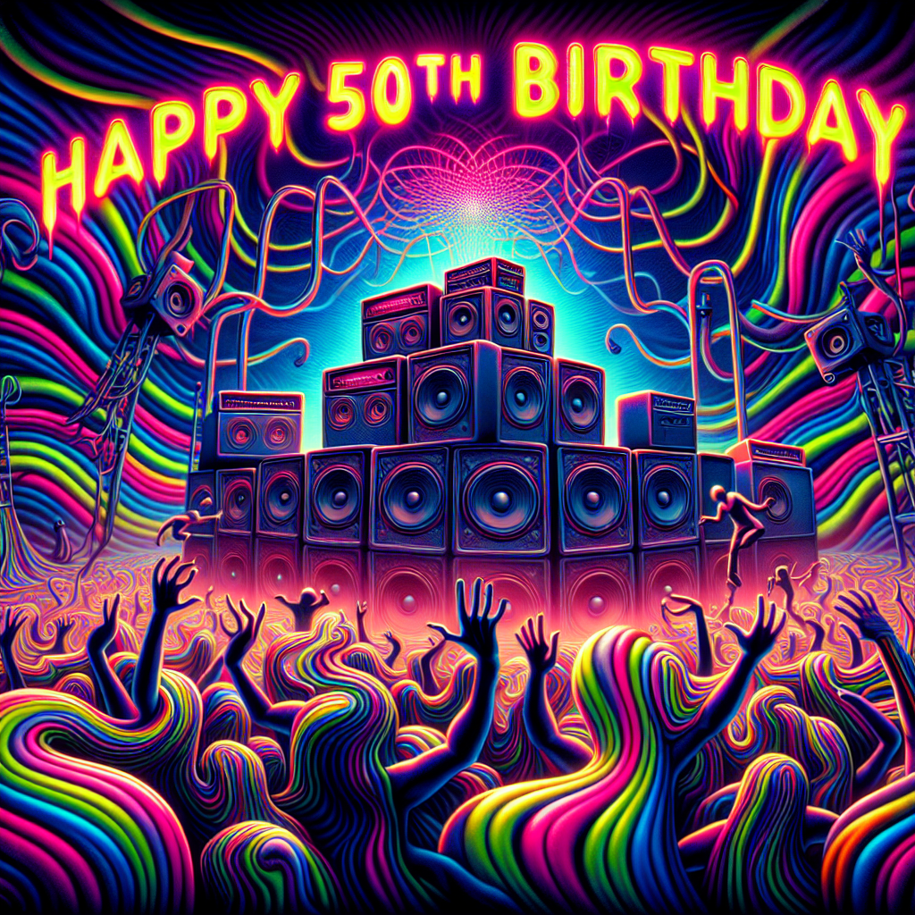 Create a surreal illustration of a milestone birthday celebration staged within an abstract ambiance of a '90s rave party. The foreground displays psychedelic neon colored words 'Happy 50th Birthday' twisted and curved to symbolize the distinct quality of the acid techno scene. The backdrop features amplifiers of dreamlike, exaggerated proportions, disseminating emotional waves of sound. Amid all this, silhouettes of overjoyed dancers are seen distorting and wobbling. Some figures possess extended limbs while others bear multiple gleeful faces over their heads, adding to the ethereal merriment. The image as a whole recreates a highly immersive, auditory and visual aura that not just depicts a surreal birthday celebration, but also recalls the electrifying charm of 90s rave culture.
Generated with these themes: Happy 50th Birthday Terry, 90's Rave Scene, Acid Techno music, Speakers, Smiley faces, Dancing.
Made with ❤️ by AI.