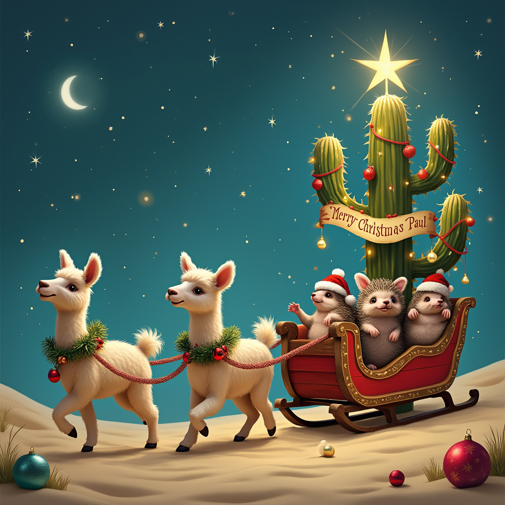 Llamas wearing Christmas decorations  pulling  sleigh, Hedgehogs wearing Santa hats in sleigh, Cactus with star, baubles, lights, and Merry Christmas Paul & Debbie banner Christmas Card