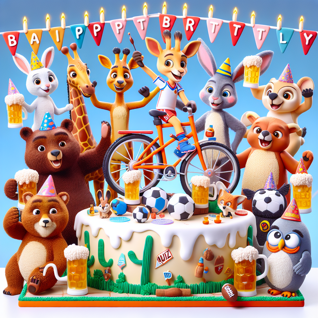 Craft a vibrant and playful cartoon scene set in a festive birthday party. In the scene, there's a collection of joyful anthropomorphic animals such as a bear, giraffe, rabbit, kangaroo, and owl. They are gathered around a creatively-made cake, in the shape of a bicycle. This unique cake is decorated with miniature footballs and pint glasses at each corner. Also, bring to life the animals wearing party hats with various quiz-themed patterns on them. Each animal is holding a frothy beer mug, whether in paws, hooves, or claws, as they toast to the celebration. Spicing up the excitement is a brave hedgehog, pridefully pedaling a tiny bike on the icing-laden adventure route created on the cake's surface.
Generated with these themes: Cycling, Beer, American football, and Quizzes.
Made with ❤️ by AI.