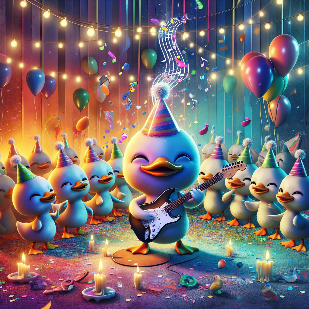 Visualize a delightful scene symbolic of birthday festivities imbued with elements of whimsical cartoon charm. At the heart of the setting, depict a group of charming ducks, each adorned with a festive party hat and a radiant smile. Illuminate their surroundings with an array of vibrant balloons and a shower of multi-colored confetti. Standing out amidst the group, portray one duck strumming an oversized electric guitar, with the musical notes rendered visually, almost as if dancing in the air. Let this musical representation harmoniously tie the entire scene together, resonating with a buoyant tone of celebration.
Generated with these themes: Ducks, and Electric guitar.
Made with ❤️ by AI.