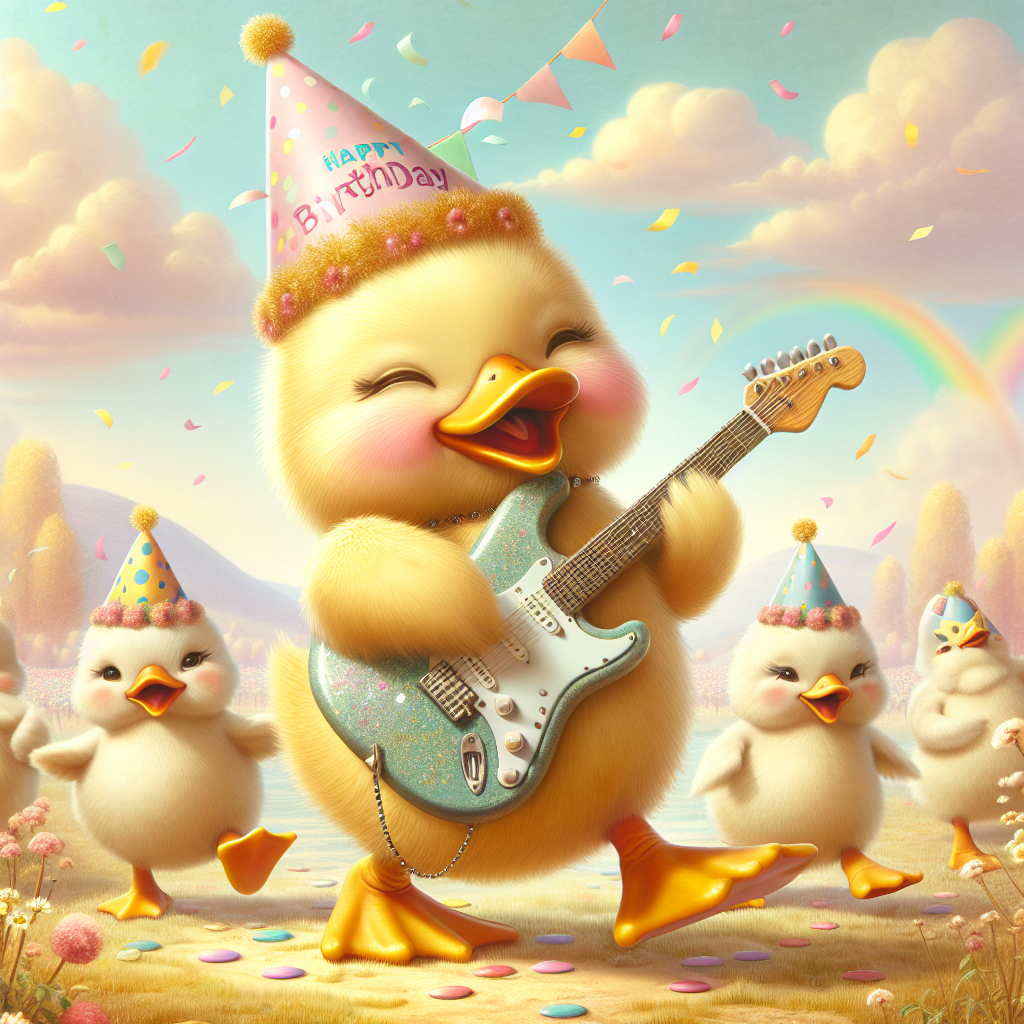 Envision a cartoon-like realm where endearing charm is the norm, particularly for a birthday party. Amidst a landscape painted in sweet pastel hues, a group of adorable ducks congregate, their golden plumes glistening under the soft illumination of a sky sprinkled with confetti. Each duck ambles contentedly, sporting petite celebration hats atop their heads. Capturing everyone's attention is a duck at the heart of the party, deftly playing an exaggeratedly large electric guitar, invigorating the atmosphere with birthday joy with each note it strums.
Generated with these themes: Ducks, and Electric guitar.
Made with ❤️ by AI.