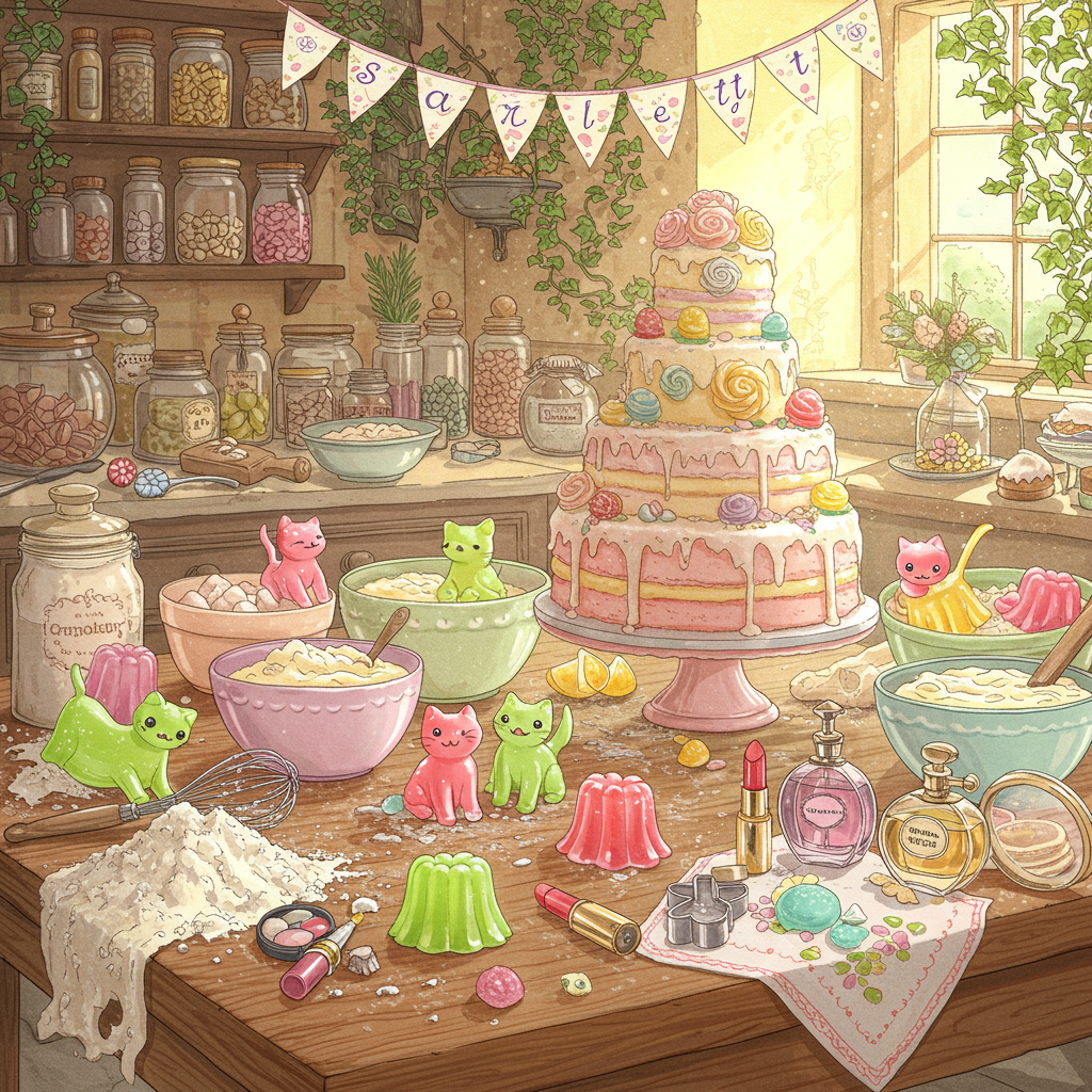Imagine a whimsical birthday scene that takes place in an enchanted kitchen where magic is as common as flour. In the foreground, a large wooden kitchen table is covered with a colorful, chaotic array of baking ingredients and tools. There are flour sacks tipped over, spilling clouds of white dust into the air. Brightly colored bowls contain mixtures of batter and frosting in shades of pastel pink, mint green, and sky blue.

Perched on the table and around it are a gang of jelly cats, with their translucent, wobbly bodies in shades of lime green, cherry red, and lemon yellow, each one more vibrant than the next. They have wide eyes and mischief painted in their jelly-like smiles. Some of the jelly cats are playing with the baking ingredients, leaving jelly paw prints in the flour and nibbling on the edge of a large, elaborate birthday cake that sits at the center of the table. The cake is a towering masterpiece of icing swirls and sugar roses in soft lavender and peach.

Amongst the baking chaos, nestled next to a mixing bowl, is an elegant display of beauty products. Vintage perfume bottles with ornate atomizers gleam with a pearlescent sheen, their colors echoing the pastel palette of the baking scene. Lipsticks in shades of plum and coral lay casually on a hand-embroidered handkerchief.

The backdrop is a quaint kitchen setting reminiscent of an old-timey cottage. Shelves are lined with jars of colorful candies and herbs, and a small window lets in golden beams of sunlight. Ivy tendrils creep in through the window, their green contrasting against the wooden tones of the kitchen.

Above the scene, a whimsical banner floats in the air, supported by delicate fairy wings that flutter gently. The banner is decorated with a garland of sugar flowers and reads "Scarlett" in an elegant script, the letters embellished with tiny sprinkles that glisten in the sunlight.

Incorporating elements inspired by artists like Beatrix Potter, this scene is both intricate and playful, full of lively details that invite the viewer to linger and explore.
Generated with these themes: Jelly Cats, Baking , and Beauty products .
Made with ❤️ by AI.