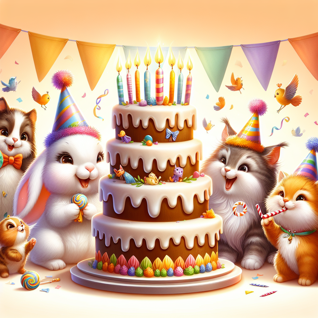 Create a lighthearted and amusing illustration of a birthday celebration. The scene is composed of various animated animals revelling in the festivities. These include a white lop-eared bunny wearing a vibrant, multi-colored party hat, a fluffy cream and brown colored feline, alongside a spirited orange-hued kitten proudly wearing a miniature party blower. The main attraction of the scene is a prominently displayed birthday cake in the center. This towering confectionery masterpiece is decorated with playful, festive icing and is graced with lit candles, adding to the merry atmosphere of the party.
Generated with these themes: White lop eared bunny, Cream and brown fluffy cat, Ginger kitten, and Birthday cake party.
Made with ❤️ by AI.