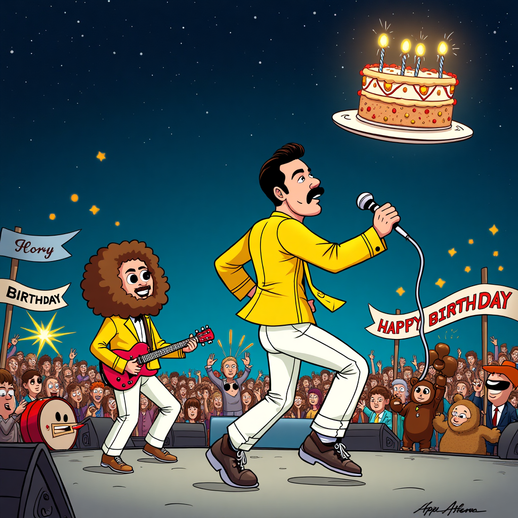 In the whimsical style reminiscent of Bill Watterson's "Calvin and Hobbes," the scene unfolds in a lively, cartoonish rock concert where Freddie Mercury, with his iconic mustache and flamboyant stage presence, is performing under a starry night sky. He’s depicted in his famous yellow jacket and white trousers, microphone stand in hand, in the midst of an energetic leap. To his left, a cartoonish Brian May stands with a comically oversized guitar, the curly mass of his hair humorously exaggerated to resemble a lion's mane, evoking the regal imagery of the band Queen. The drum set behind them is animated with a quirky set of anthropomorphic instruments – the drums have googly eyes and a mischievous grin, as if they’re ready to burst into song themselves. In the crowd, cartoon characters modeled after various elements of British pop culture from the 70s and 80s, including a cheeky nod to Paddington Bear in a Freddie-style outfit, are enthusiastically cheering and waving colorful banners that spell out “Happy Birthday!” Above the stage, a giant birthday cake in the shape of a crown hovers comically, candles alight and sparklers fizzing, adding to the festive atmosphere. The entire scene is filled with vibrant colors, dynamic poses, and exaggerated expressions, creating a playful and humorous celebration fit for the “Queen” of birthdays.
Generated with these themes: Freddie Mercury, and Queen.
Made with ❤️ by AI.