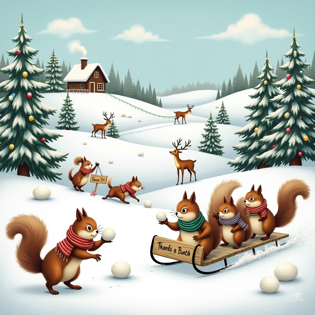The front cover of this thank-you greetings card features a delightfully humorous scene set in a winter wonderland with rolling hills and stately pine trees. In the foreground, a group of mischievous squirrels, all wearing tiny knitted scarves and hats, are having a snowball fight. Each snowball is perfectly round, and some even have little acorn caps on top. One squirrel, the apparent leader, is mid-leap with a snowball in paw, aiming for another who is peeking out from behind a snow-covered rock. 

To the left, a pair of raccoons are trying to sled down a gentle hill using a makeshift sled made from an old wooden sign that reads "Thanks a Bunch!" The sled is adorned with festive ribbons, flapping wildly as the raccoons brace themselves for the ride. A small cloud of snow dust kicks up behind them, emphasizing their speed and excitement.

In the background, the rolling hills are draped in a pristine white blanket of snow, dotted with majestic pine trees. Each tree is meticulously decorated with strings of twinkling lights, and the occasional pine cone dangles like an ornament. Among the trees, a deer family is curiously watching the scene, their antlers decorated with hanging icicles that glimmer in the pale winter sun.

The sky above is a crisp, clear blue, with a few fluffy clouds that seem to form whimsical shapes – one resembles a waving hand, subtly nodding to the card’s message of gratitude. In the distance, a warm cabin puffing smoke from its chimney adds a touch of coziness, hinting at the warmth of appreciation in the heart of winter's chill. This playful yet heartwarming scene brings a smile, making it a perfect thank-you card for anyone with a sense of humor.
Generated with these themes: winter landscape, rolling hills, pine trees.
Made with ❤️ by AI.
