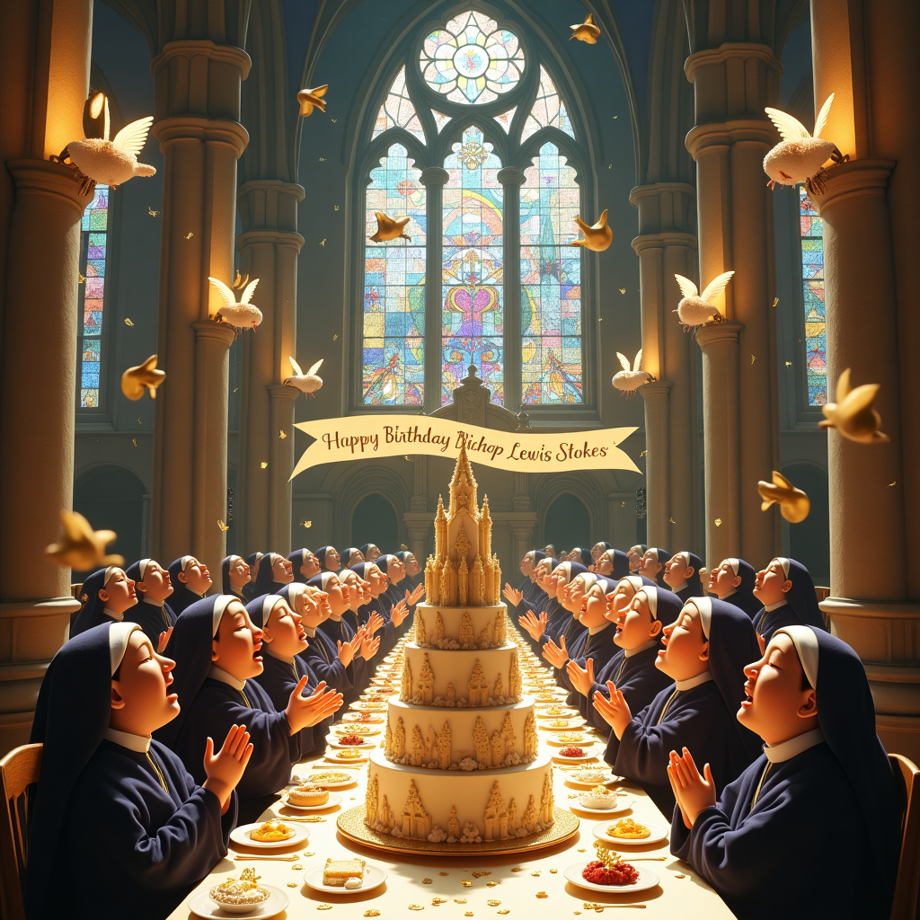 Imagine a bustling scene inside a whimsical and ancient cathedral, where a surprise birthday party is in full swing for "Bishop Lewis Stokes." The towering stained glass windows cast a kaleidoscope of colors onto a vibrant, long banquet table set in the nave. A choir of joyful cherubs, with their fluffy wings and golden halos, are perched on the organ pipes, singing a harmonious rendition of "Happy Birthday." In the center of the table, a towering, intricately decorated birthday cake resembles a miniature cathedral, complete with sugar-spun spires and a marzipan Bishop Lewis figurine at the top. Suspended from the cathedral's high-vaulted ceiling is a banner crafted from angelic robes, shimmering with celestial hues, reading "Happy Birthday Bishop Lewis Stokes." Floating in the air are golden balloons shaped like musical notes, each one inscribed with a playful pun relating to hymns and sermons. On one side, a group of jovial monks are playing a lively game of pin the mitre on the bishop, using a large portrait of Bishop Lewis as their target, with a velvet mitre adorned with glitter. On the other side, a group of nuns are engaged in a competitive pie-eating contest, the pies featuring biblical motifs like the Ark or the Nativity, crafted with exquisite detail. The floor is scattered with confetti shaped like tiny bibles and doves, adding a festive touch to the sacred space. The scene captures a delightful blend of the holy and the humorous, creating an unforgettable birthday celebration for Bishop Lewis Stokes.
Generated with these themes: Religious.
Made with ❤️ by AI.