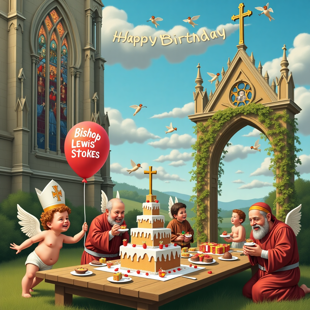 The scene unfolds in a whimsical church picnic setting, where a gathering of comical cherubs and saints are celebrating a birthday with zest. The background is an elaborate medieval cathedral with stained-glass windows depicting joyous figures playing musical instruments. In the foreground, a long wooden table is laden with a delightful spread: a tiered cake resembling a small cathedral with "Happy Birthday Bishop Lewis Stokes" elegantly written in icing on its roof, surrounded by miniature marzipan angels and bishops. To the side of the table, a robust cherub, wearing a bishop's hat slightly askew, attempts to carry an enormous birthday balloon in the shape of a cross. The sky above is a vibrant blue, with fluffy clouds that subtly form the words "Bishop Lewis Stokes" as if hand-written by an invisible divine force. Around the table, various saints are engaged in jovial activities: St. Francis is humorously trying to share cake with birds perched on his shoulders, while St. Nicholas offers brightly wrapped presents to other heavenly guests. In the distance, a golden archway frames the scene, with vines spelling out "Happy Birthday." This quirky tableau is filled with intricate details, making it a unique birthday card for Bishop Lewis Stokes.
Generated with these themes: Religious.
Made with ❤️ by AI.