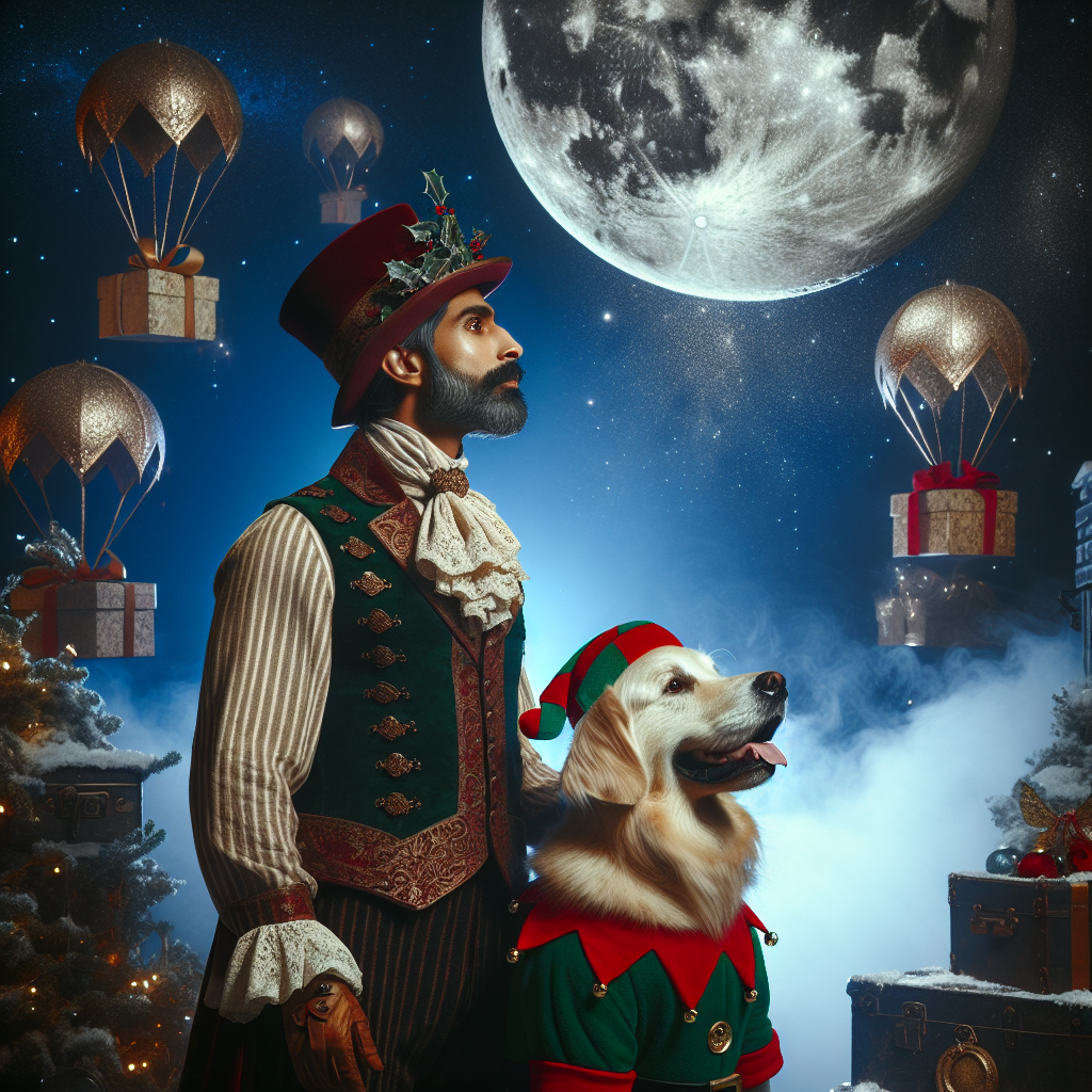 In an otherworldly Christmas setting, a Victorian-clad gentleman stands beside a golden retriever decked in elf attire. Together they gaze at a sky where the moon is replaced by a twinkling Christmas bauble, while gifts gently descend on parachutes of holly leaves.
Generated with these themes: Dog and husband.
Made with ❤️ by AI.