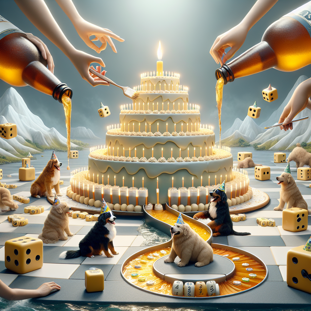 In an imaginative birthday scene set in a dreamy environment, a colossal cake with tiers resembling undulating hills is being adorned by a series of levitating hands, each carefully applying frosting. Suspended overhead, a formation of beer bottles dispenses golden beer into a gleaming river that encircles the base of the cake. Distributed throughout the scenery, enormous dice and outsized board game elements form a fun pathway leading to a tranquil space where a Bernese Mountain Dog and a Golden Retriever, decorated with celebration hats, eagerly anticipate their turns to extinguish a candle that glimmers like a navigational beacon on the topmost layer of the cake.
Generated with these themes: Baking, Beer, Board Games , Bernese Mountain Dog , and Golden Retriever .
Made with ❤️ by AI.