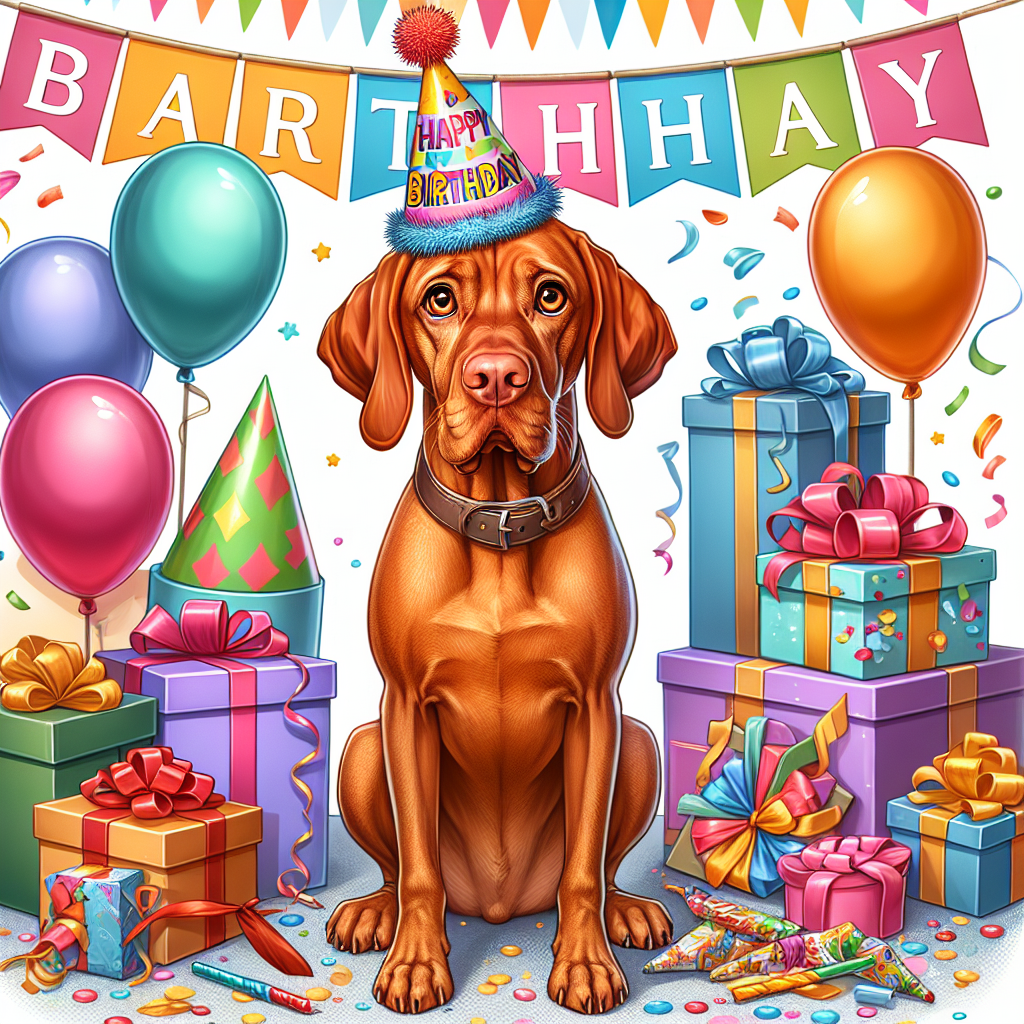 Create a heartwarming cartoon scene of an adult Vizsla dog's birthday celebration. The dog, with its warm hazel eyes and shiny brown coat, sits proudly in the midst of the festivities, wearing an adorably askew party hat. Surrounding the Vizsla, original and colorful decorations like streamers and confetti fill the image, as well as a pile of wrapped gifts to suggest a day of lively fun and games. Above the scene, a vibrant and festive birthday banner flutters, completing the charming tableau.
.
Made with ❤️ by AI.