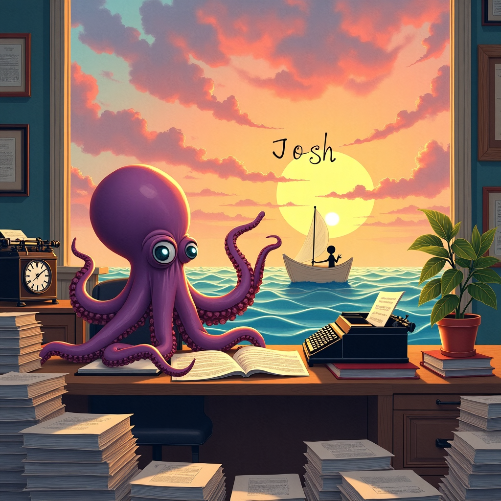 An octopus in an office waving goodbye to a boy sailing off into the sunset, The Octopus' name is International, and The boy is obscured from view Farewell Card