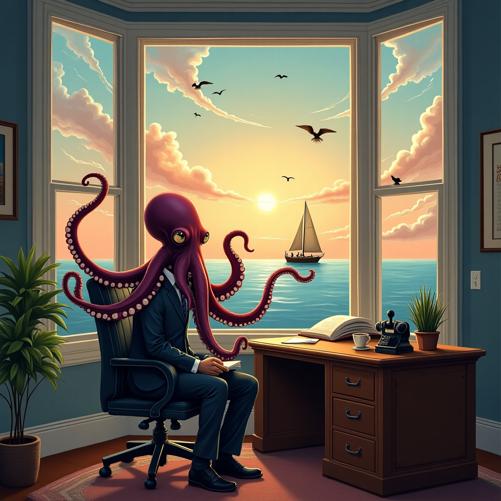 An octopus in an office waving goodbye to a boy sailing off into the sunset, The Octopus' name is International, and The boy is obscured from view Farewell Card