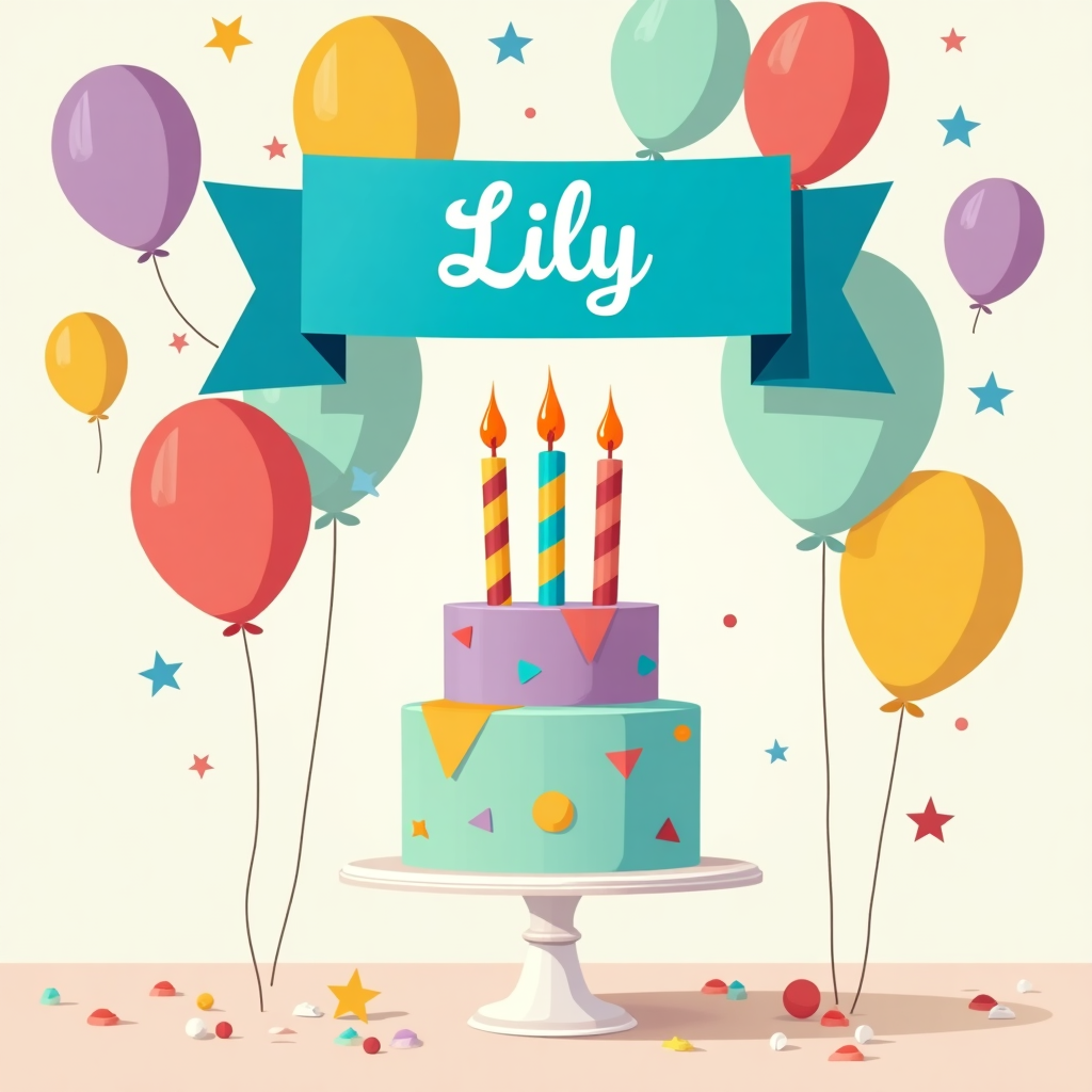 The greeting card front cover showcases a vibrant birthday-themed scene with a flat vector style. In the center, a whimsical, multi-tiered birthday cake stands tall. Each tier is a different pastel color: mint green, soft lavender, and light coral. The cake is adorned with flat, crisp geometric decorations like triangles and circles, reminiscent of confetti, in shades of lemon yellow and sky blue.

Perched atop the cake are three large candles, each featuring bold stripes in alternating colors of turquoise and magenta, with small, stylized orange flames flickering at the top. The cake sits on a bright white cake stand, which stands out against the colorful background.

Behind the cake, a banner gracefully stretches across the upper section of the card. The banner is a clean, bold azure blue, and it proudly displays the name "Lily" in a sleek, sans-serif typeface in white, creating a strong contrast that draws the eye. The banner is held by two simple poles on each side, adorned with abstract shapes in coordinating colors.

The background is a seamless pattern of flat, stylized balloons in various sizes and colors—lavender, coral, and lemon yellow—floating upwards, creating a sense of celebration. The balloons have minimalist strings that dangle down with a crisp line quality. At the base, a scattering of tiny, flat stars in white adds a playful finishing touch.

This composition combines the influences of the artists mentioned, using geometric precision and vibrant, harmonious colors to create a delightful, visually engaging birthday card design.
Generated with these themes: birthday cake.
Made with ❤️ by AI.