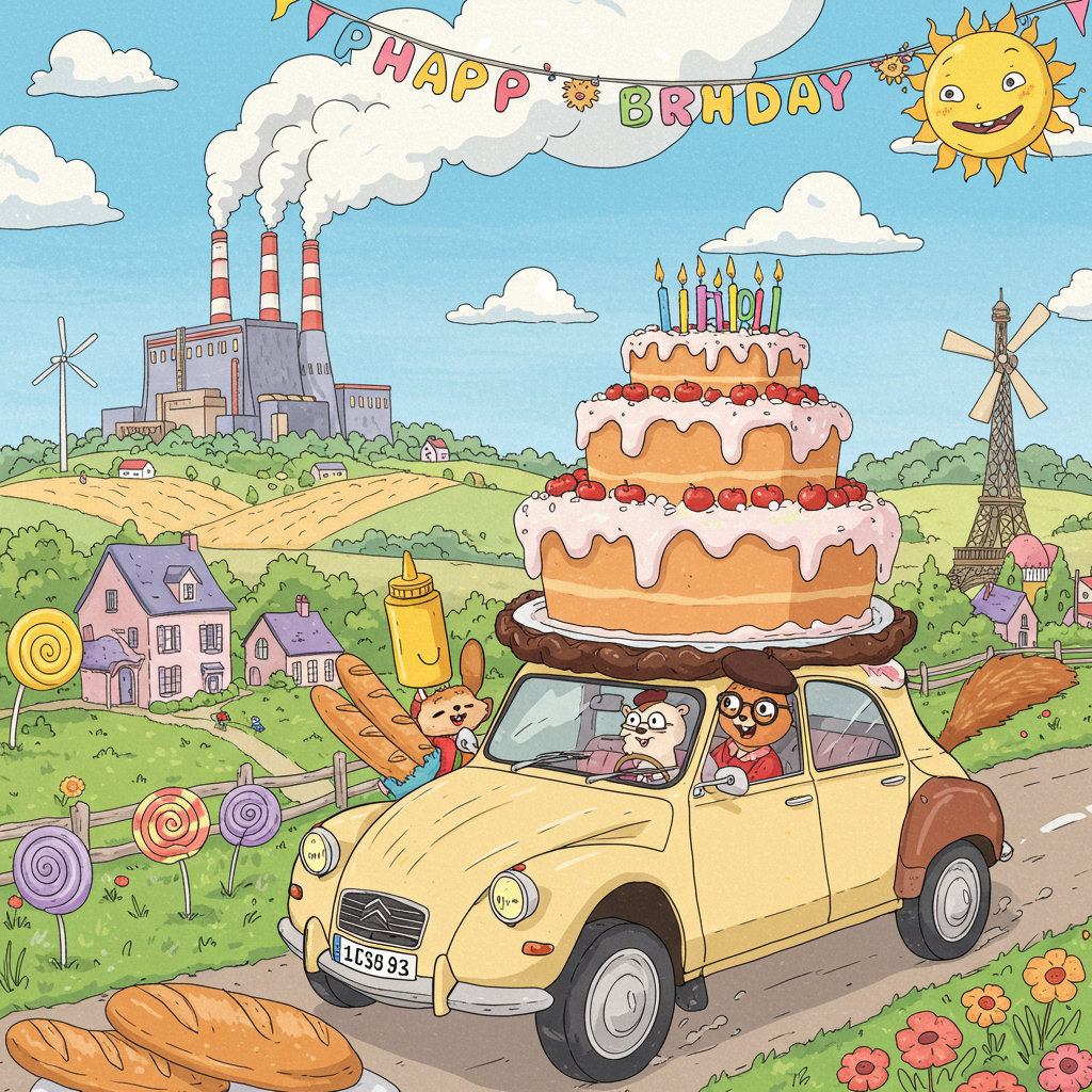 **Front Cover Illustration Description:**

*Scene Overview:*
Create a vibrant, cartoon-style birthday scene set in a whimsical, surrealist French countryside. In the background, a cartoonish nuclear plant with puffy white smoke emerging from its chimneys towers over the landscape, its facade painted in pastel pinks and blues reminiscent of a classic French chateau.

*Foreground Elements:*
- **Birthday Cake Car:** In the foreground, design a cartoonishly exaggerated car that is half vintage Citroën and half gigantic birthday cake. The cake should be decorated with oversized, multicolored frosting and a few lit candles shaped like miniature Eiffel Towers. The car should have exaggerated wheels that resemble gigantic baguette slices.

- **Characters:** Two anthropomorphic animals—a cheerful rooster in a beret and a squirrel wearing glasses—are comically attempting to drive the car, their exaggerated expressions of focus and surprise comically large. The rooster is balancing a towering stack of baguettes, and the squirrel is holding a bottle of mustard like a telescope.

*Background Elements:*
- **French Village and Landscape:** The car is driving through a quaint French village with exaggerated, cartoon-style buildings painted in pastel shades of lavender, mint green, and baby blue. A tiny, caricatured Eiffel Tower peeks out from behind a rolling hill dotted with oversized, swirling lollipop flowers.

- **Banner:** Above the scene, strung between two whimsical windmills spinning lazily, is a colorful birthday banner with the word "pappa" playfully integrated into the design, its letters formed by spiraling mustard squirts.

- **Sky:** The sky is a bright, cartoon-style azure blue, with fluffy white clouds and a big, smiling sun wearing sunglasses peeking from the corner, watching the scene unfold.

*Color Scheme:*
The entire illustration should be bold and colorful, using a mix of pastel shades for buildings and landscapes, with brighter hues for the car and characters to ensure they stand out.
Generated with these themes: nuclear plant, car, France, baguette, mustard.
Made with ❤️ by AI.