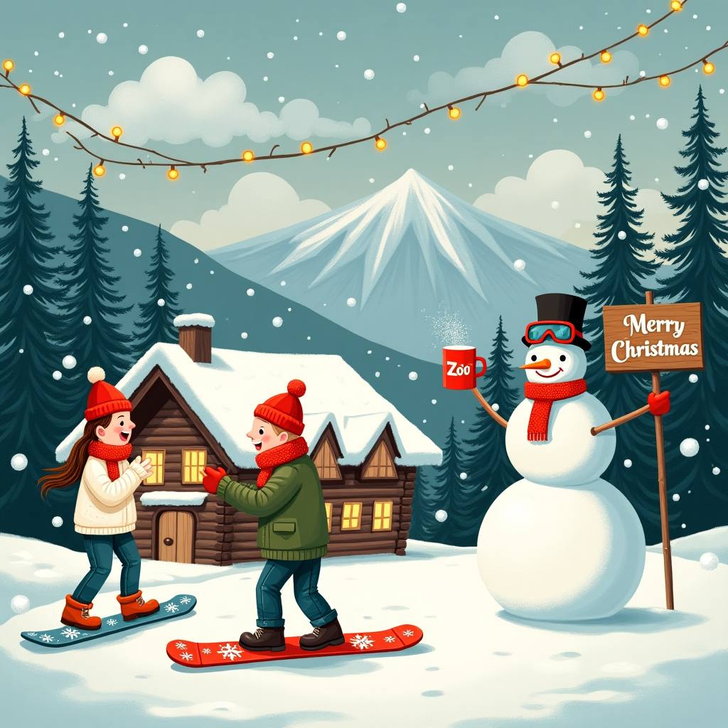 In this enchanting Christmas card scene, the viewer is immediately drawn to a picturesque snowy mountain backdrop, with towering fir trees dusted in glistening snowflakes. At the forefront, a charming wooden chalet nestles snugly between the trees, its windows glowing warmly from within. In the open space before the chalet, a couple is captured mid-laugh, engaged in a playful snowball fight. The woman, wearing a bright red beanie and a cozy white sweater, is skillfully balancing on a snowboard adorned with festive snowflake patterns. The man, in a green winter jacket and matching goggles, is holding a mug emblazoned with a quirky logo: "Rum & Beans Café" – a delightful nod to their favorite après-ski hangout.

To the right of the couple, a whimsical snowman stands guard. It is wearing a top hat and a red scarf, with its stick arms triumphantly holding up a wooden sign that reads "Merry Christmas Zoë" in elegant script, with a subtle sprinkle of glitter for that extra holiday sparkle. The background is a canvas of swirling clouds and gentle snowfall, with Zoë’s name softly etched in the wisps of a cloud drifting lazily across the sky. The entire scene is framed by the soft glow of fairy lights strung along the eaves of the chalet, casting a magical ambiance over this joyful winter tableau.
Generated with these themes: Snowboard , Rum, Beans , and Couple .
Made with ❤️ by AI.
