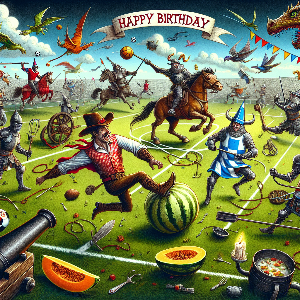 In this whimsical birthday illustration, a scene of joyful mayhem unfurls on a medieval football pitch. Cowboys, embodying the spirit of the wild west, compete with knights reminiscent of medieval times. On this imaginative pitch, they vie for a football adorned with a cannon, symbolizing a much-cherished team. Sprinting across the field, a cowboy skillfully dribbles a squash, artfully avoiding chefs who are juggling pans, embodying the birthday person's culinary mastery. Above, mythical beasts, festooned in team hues, circle the sky, adding a fantastical touch to the already vibrant tableau.
Generated with these themes: Arsenal football (soccer), My cooking, Game of thrones, Squash, and Cowboys.
Made with ❤️ by AI.