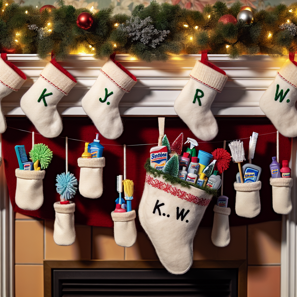 On a jolly fireplace mantle, stockings hang bearing the names of loved ones. Amongst them is a custom stocking with 'Kim W.' embroidered on it, filled with mock cleaning supplies. A garland adorned with miniature mops and dusters drapes across the shelf, a cheeky nod to Kim Woodburn incorporating her into the holiday fun.
Generated with these themes: Kim Woodburn.
Made with ❤️ by AI.