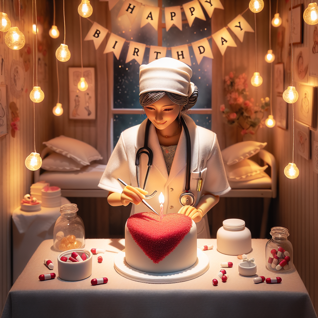 A fanciful yet lifelike birthday scene set within a warmly illuminated, snug room. Set in the spotlight, a capable South Asian female doctor adorns a tender smile, painstakingly embellishing a heart-shaped birthday cake with vivid red frosting. The doctor is clad in her white coat, a stethoscope casually dropping over her shoulders, marking her devotion even in the midst of merry-making. Dotted around the room are gentle balloons ascending, adorned with petite sketches of stethoscopes and capsules, while a pennant displays 'Happy Birthday' in a refined, handwritten style.
Generated with these themes: Doctor.
Made with ❤️ by AI.