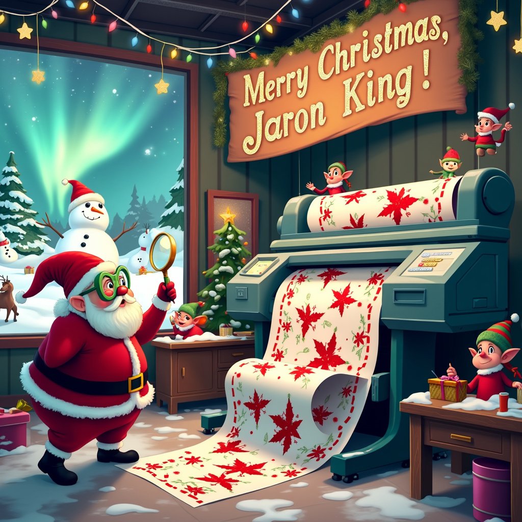 Picture a bustling, whimsical North Pole print shop where a gigantic, candy-cane striped large format printer dominates the room, spewing out yards of festive wrapping paper adorned with reindeer and Santa Claus motifs. The printer is humorously oversized, its paper tray loaded with sheets of holiday cheer. Elves in pointy hats and festive attire scurry around, managing the contraption with glee. 

At the forefront, Santa Claus himself is seen wearing a pair of oversized, neon-green glasses, inspecting the freshly printed paper with a magnifying glass, his belly shaking with laughter. On one side, a cheerful elf is feeding a giant roll of Christmas-red paper into the printer, while another elf is adjusting a knob labeled “Magic Quality.” 

Hanging from the ceiling, amidst an array of twinkling fairy lights and snowflakes, is a large festive banner that reads "Merry Christmas, Jaron King!" in bold, glittery gold letters. The banner is festooned with tiny, smiling cartoon snowmen and dancing candy canes. 

In the background, you can see a huge window through which the snowy North Pole landscape is visible. Outside, reindeer can be seen frolicking in the snow, and an enormous snowman with a carrot nose and button eyes waves happily. The sky is a dazzling display of the Northern Lights, with "Jaron King" subtly written among the swirling colors, as if the auroras themselves are spelling out his name.

Everything in the scene is vibrant, detailed, and bursting with holiday joy, capturing the spirit of Christmas in a fun and fantastical way.
Generated with these themes: A large format printer.
Made with ❤️ by AI.