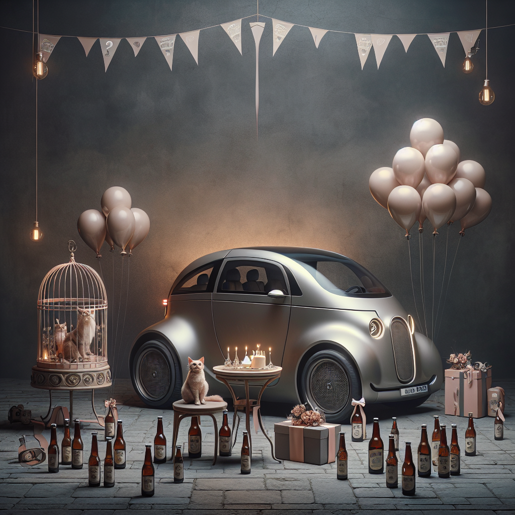 For a solemn cartoon birthday theme, visualize a scene set against a subdued, dusky background. At the center, an extravagant electric car with muted balloon decals stands with its doors open, setting the stage for an intimate celebration. Beside the vehicle, a small round table showcases bottles of artisanal beer with custom labels celebrating the event. In a corner, two curious felines peek out from a tastefully decorated cage adorned with soft birthday streamers, contributing an element of whimsy to the generally austere ambiance.
Generated with these themes: Tesla, Beer, and Cats in cage.
Made with ❤️ by AI.