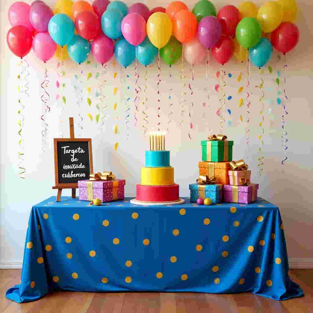 Front and center, there's a table laden with a vibrant and playful birthday party setup. The tablecloth is a deep royal blue, adorned with golden polka dots that catch the light. Atop the table sits a three-tiered birthday cake, each layer a different bright color - the bottom tier is a rich raspberry red, the middle is a cheerful sunny yellow, and the top is a bright sky blue. The cake is crowned with a cluster of sparking, gold-tipped candles ready to be lit.

To the right of the cake, a stack of vividly wrapped presents sits, each box tied with an intricate ribbon bow. The gifts vary in size and are wrapped in an assortment of colors including emerald green, vibrant violet, and tangerine orange, with metallic ribbons that shimmer under the light.

Behind the table, a cascade of balloons in various sizes fills the background. They are helium-filled and buoyantly float, tied to weights on the floor. The balloons are a mix of glossy latex in shades of magenta, lime green, and electric blue, interspersed with a few transparent balloons filled with confetti.

On the left side of the card, there's a small chalkboard standing on an easel with the words "Targeta de invitación de cumpleaños" meticulously hand-written in white chalk, surrounded by small chalk-drawn stars and spirals. Below the table, a floor of polished wooden planks adds a warm, inviting touch to the scene.

Above, colorful paper streamers hang down in arcs from the ceiling, creating a whimsical canopy. These streamers are in shades of pastel pink, lemon yellow, and baby blue, adding a soft contrast to the bold colors of the table and gifts. The background wall is a clean, neutral off-white, allowing all the vibrant colors in the scene to pop vividly.
Generated with these themes: Targeta de invitacino de cumpleaños .
Made with ❤️ by AI.