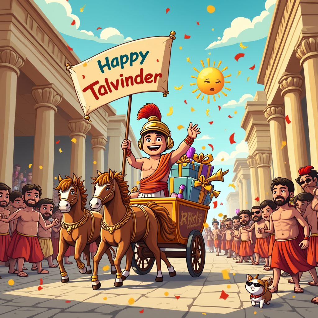 In this playful birthday card design, imagine an animated scene set in ancient Rome, bustling with quirky, cartoonish charm. The centerpiece of the scene is a jubilant parade marching down a cobblestone street lined with whimsical Roman architecture, complete with exaggerated columns and whimsical arches. At the forefront, a cartoon-style centurion, complete with an oversized, feather-plumed helmet and a comically tiny shield, is leading the parade with a smile, holding a large banner that reads "Happy Birthday Talvinder!" in colorful, bubbly letters. 

Behind the centurion, a toga-clad figure stands atop a vibrant, cartoonish chariot drawn by a pair of cheeky, grinning cartoon horses, each sporting a Roman laurel wreath around their necks. The chariot is whimsically overloaded with an assortment of birthday gifts, some with tags humorously falling off, revealing their quirky contents like a rubber ducky or a bottle of grape soda. 

Flanking the street, an animated crowd of toga-wearing citizens, with exaggerated expressions, are joyously tossing confetti and blowing party horns, adding to the festive chaos. Above the scene, the sky is dotted with fluffy clouds, and an adorable, cartoonish sun wearing Roman sunglasses beams down on the festivities. In one of the clouds, the name "Talvinder" is playfully written in a whimsical, swirling font, making it look as if the sky itself is joining in on the birthday celebrations. 

In the corner of the scene, a tiny, mischievous Roman kitten is playfully batting at a stray confetti strand, adding an extra touch of charm. The overall scene is vibrant, full of delightful anachronisms and cartoon humor, ensuring a smile on the face of the birthday recipient, Talvinder.
Generated with these themes: Rome.
Made with ❤️ by AI.